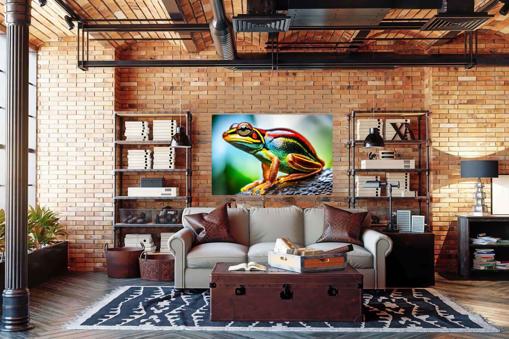Chroma leap: Vibrant frog art with dynamic frog art pieces, in a room with urban design, fine art prints, and designer furniture. The art can be printed on poster, framed poster, canvas, metal, acrylic or wood, exclusively at WallArtZen. Find this exact print at https://wallartzen.com/waz84