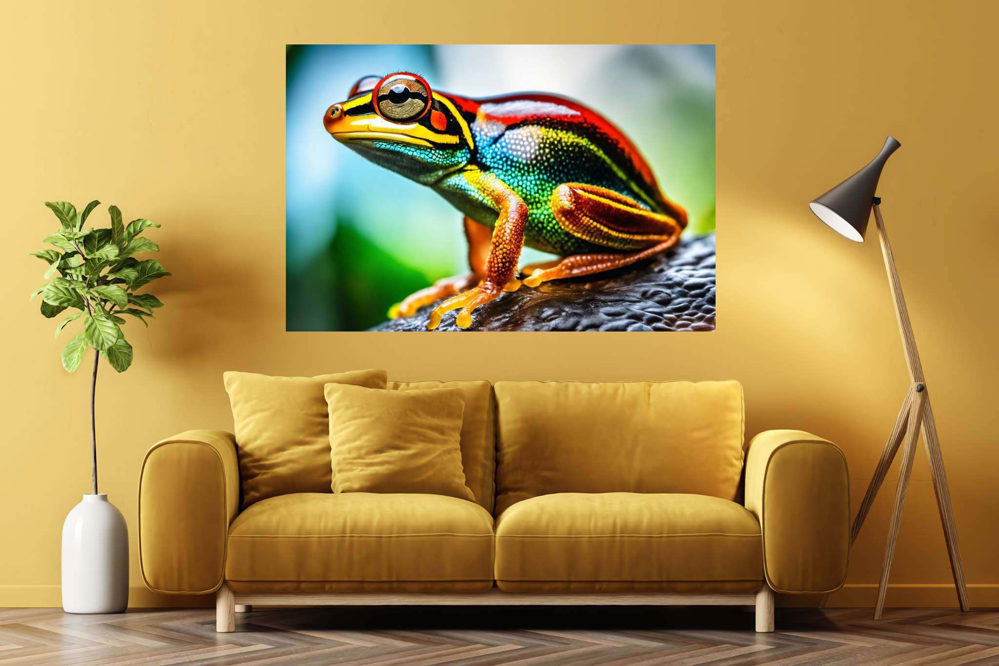 Chroma leap: Vibrant frog art with dynamic frog art pieces, in a room with classic elegance, wall art, and elegant home goods. The art can be printed on poster, framed poster, canvas, metal, acrylic or wood, exclusively at WallArtZen. Find this exact print at https://wallartzen.com/waz84