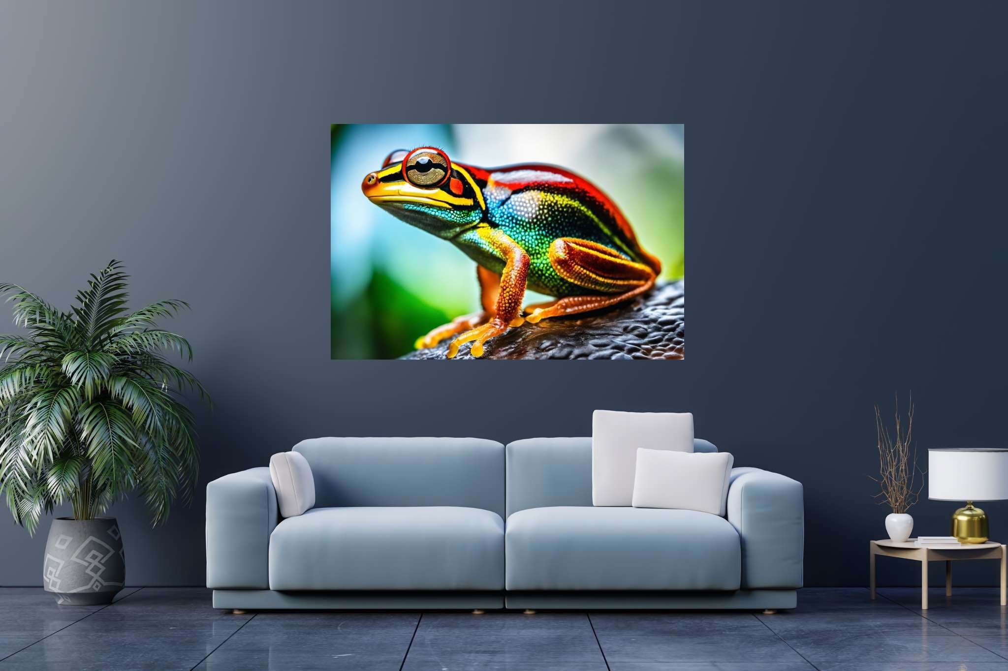 Chroma leap: Vibrant frog art with energetic frog designs, in a room with chic decor, canvas prints, and decorative pieces. The art can be printed on poster, framed poster, canvas, metal, acrylic or wood, exclusively at WallArtZen. Find this exact print at https://wallartzen.com/waz84