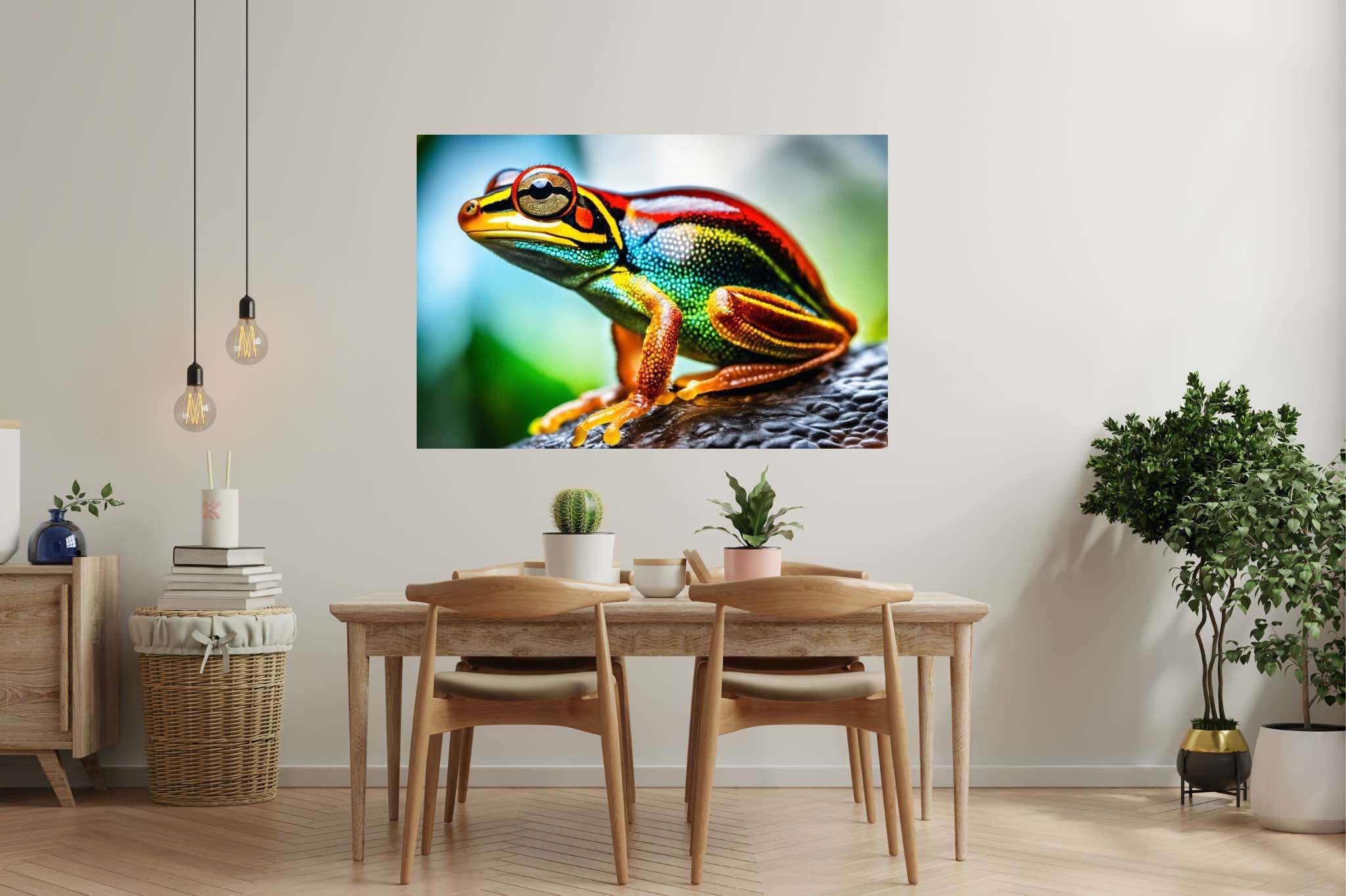 Chroma leap: Vibrant frog art with vibrant animal kingdom, in a room with innovative layout, mural artworks, and designer furniture. The art can be printed on poster, framed poster, canvas, metal, acrylic or wood, exclusively at WallArtZen. Find this exact print at https://wallartzen.com/waz84