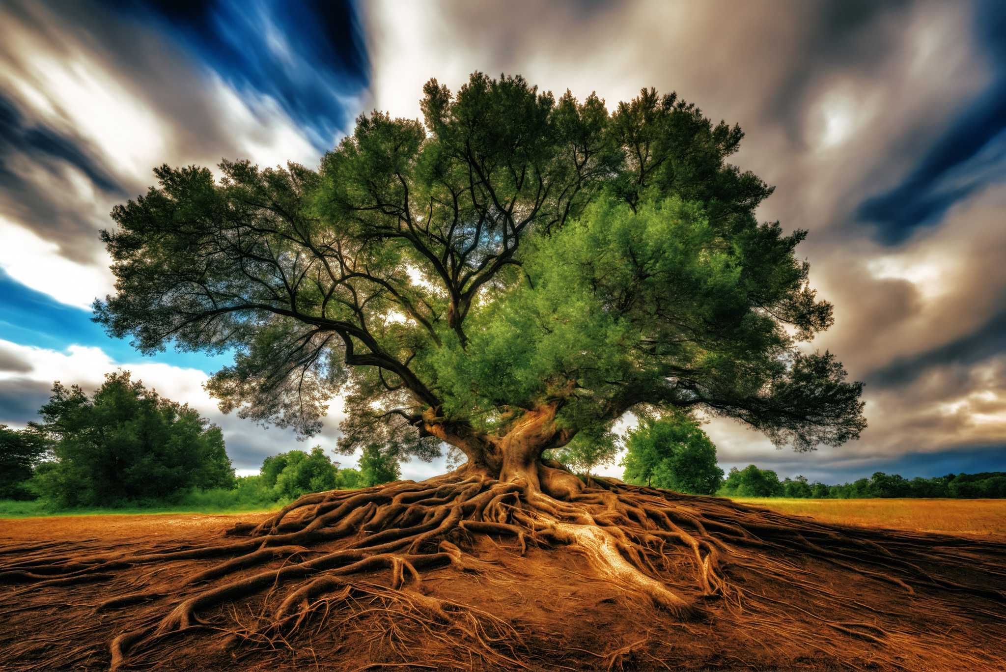 Rooted eternity's embrace: Majestic landscape art with panoramic views, in a room with elegant layout, abstract paintings, and home styling items. The art can be printed on poster, framed poster, canvas, metal, acrylic or wood, exclusively at WallArtZen. Find this exact print at https://wallartzen.com/waz85