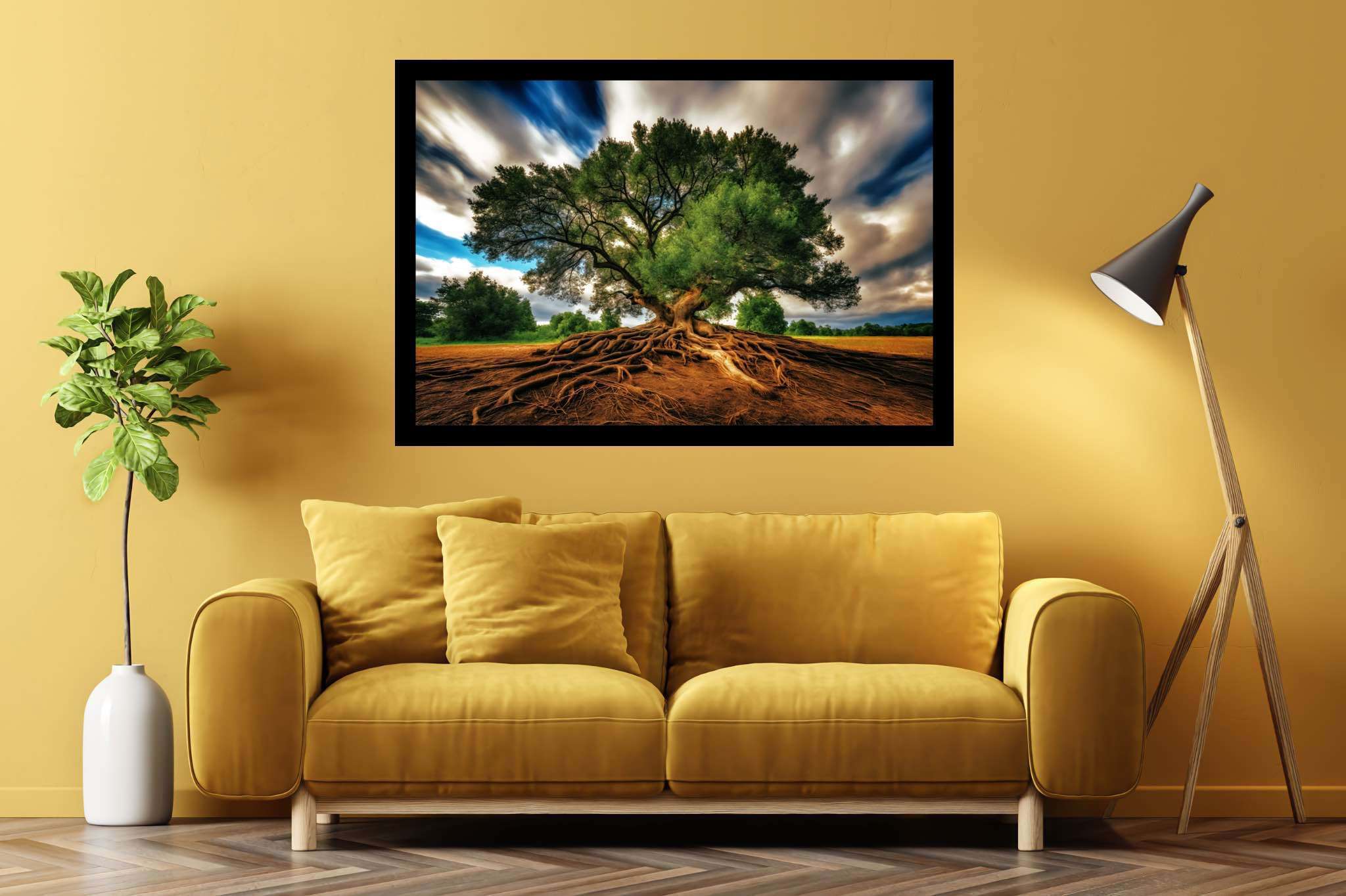 Rooted eternity's embrace: Majestic landscape art with natural wonders, in a room with artistic style, canvas prints, and stylish accessories. The art can be printed on poster, framed poster, canvas, metal, acrylic or wood, exclusively at WallArtZen. Find this exact print at https://wallartzen.com/waz85
