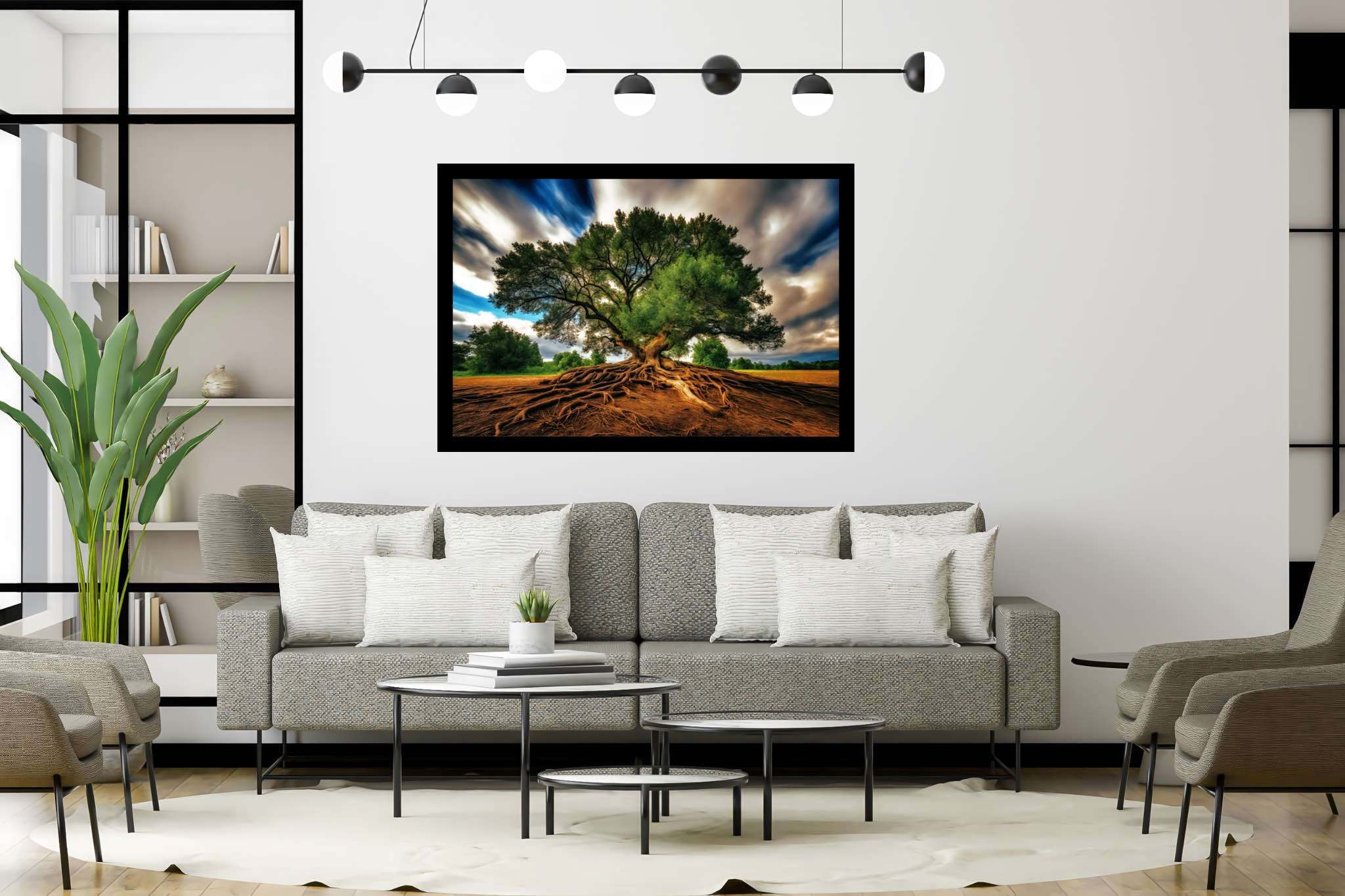 Rooted eternity's embrace: Majestic landscape art with picturesque scenery, in a room with innovative layout, wall hangings, and stylish accessories. The art can be printed on poster, framed poster, canvas, metal, acrylic or wood, exclusively at WallArtZen. Find this exact print at https://wallartzen.com/waz85