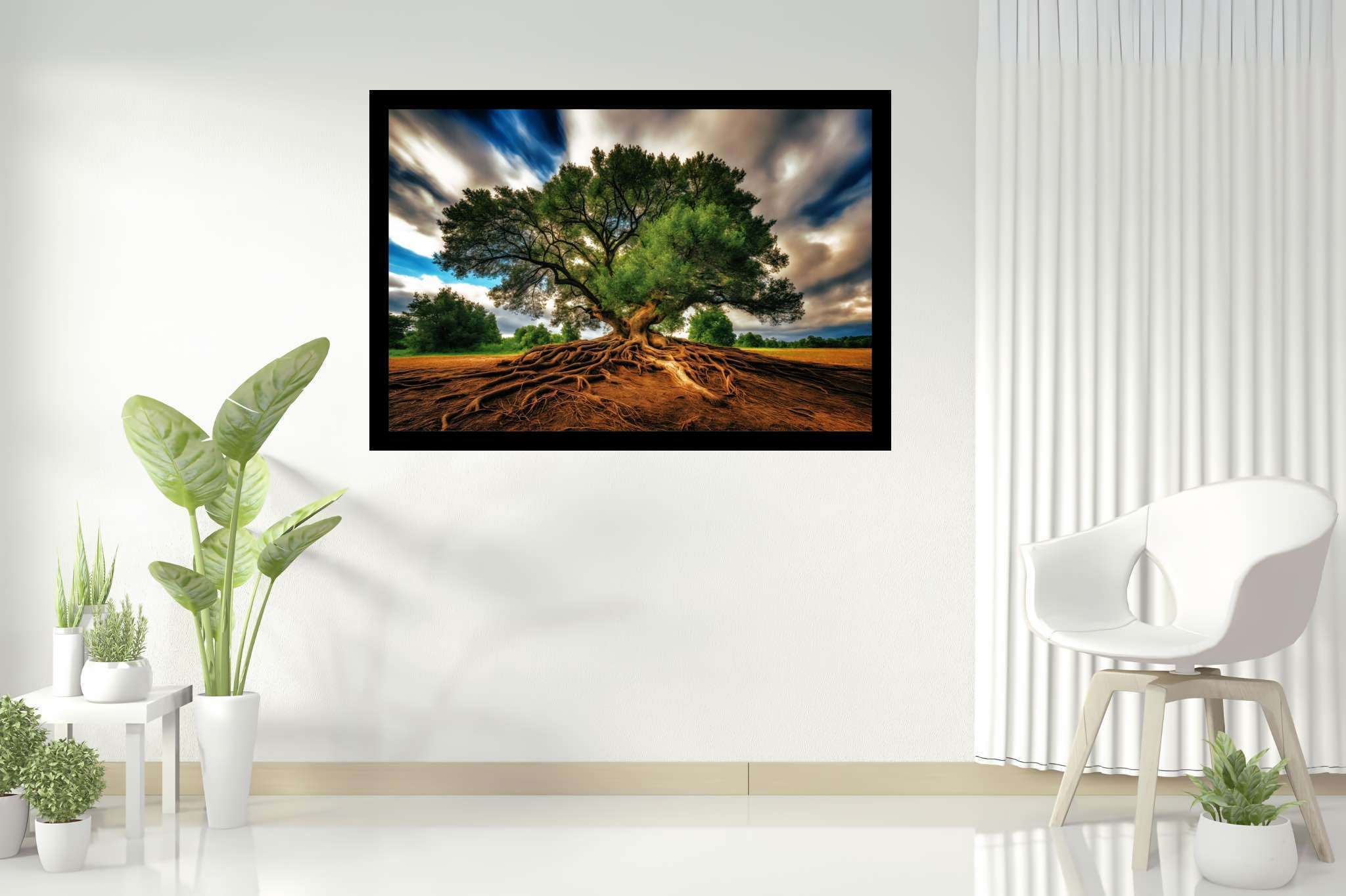 Rooted eternity's embrace: Majestic landscape art with awe-inspiring sunsets, in a room with classic elegance, wall hangings, and luxe decor. The art can be printed on poster, framed poster, canvas, metal, acrylic or wood, exclusively at WallArtZen. Find this exact print at https://wallartzen.com/waz85