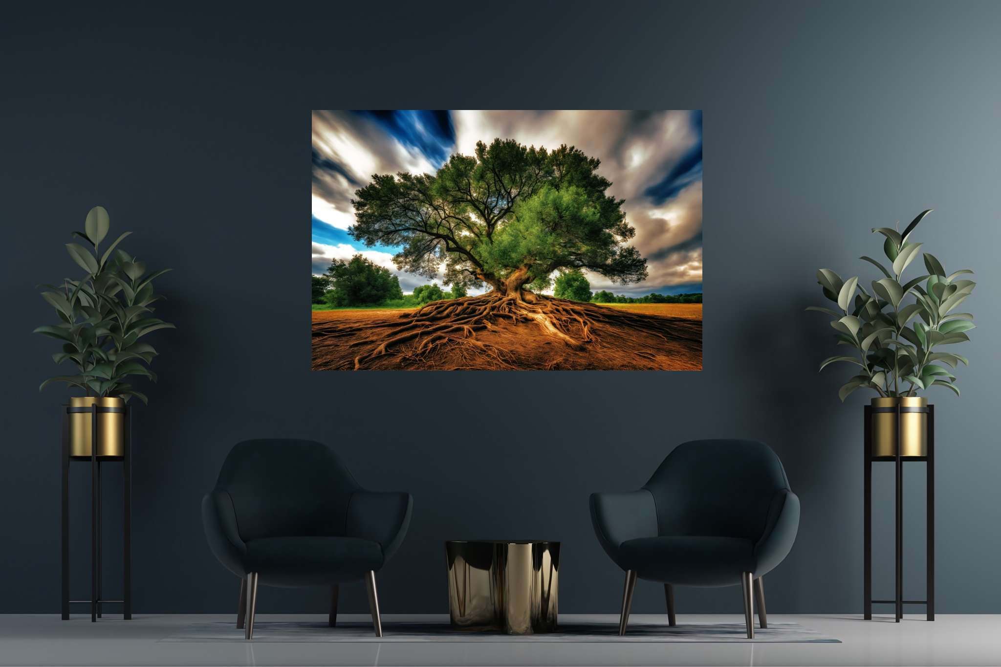 Rooted eternity's embrace: Majestic landscape art with panoramic views, in a room with chic decor, abstract paintings, and decorative pieces. The art can be printed on poster, framed poster, canvas, metal, acrylic or wood, exclusively at WallArtZen. Find this exact print at https://wallartzen.com/waz85