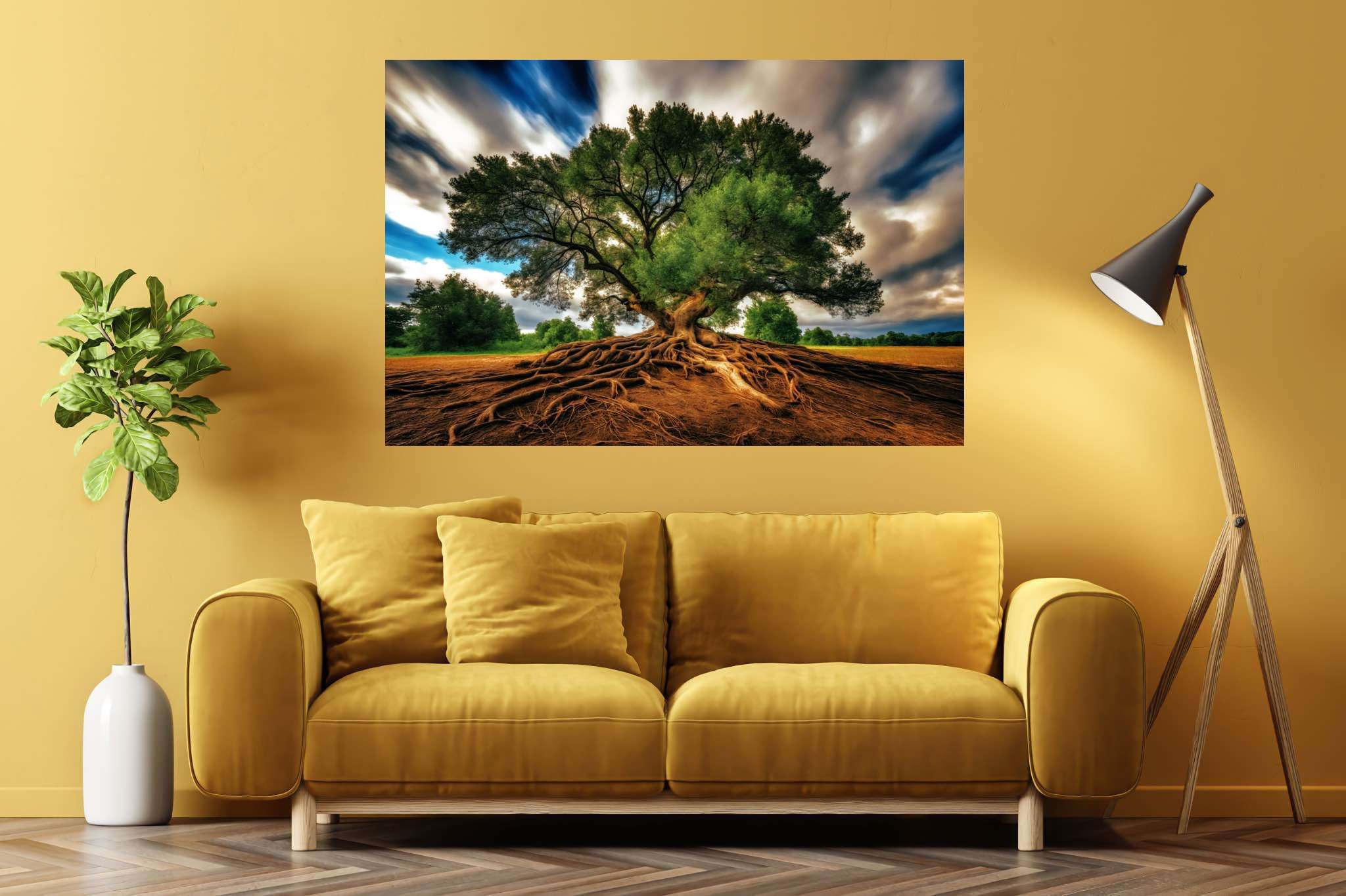 Rooted eternity's embrace: Majestic landscape art with majestic landscape art, in a room with urban design, canvas prints, and designer furniture. The art can be printed on poster, framed poster, canvas, metal, acrylic or wood, exclusively at WallArtZen. Find this exact print at https://wallartzen.com/waz85