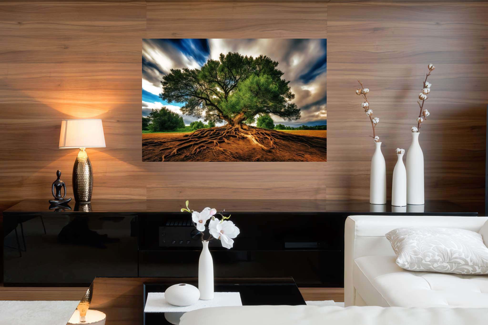 Rooted eternity's embrace: Majestic landscape art with awe-inspiring sunsets, in a room with great design, abstract paintings, and artisan decor. The art can be printed on poster, framed poster, canvas, metal, acrylic or wood, exclusively at WallArtZen. Find this exact print at https://wallartzen.com/waz85