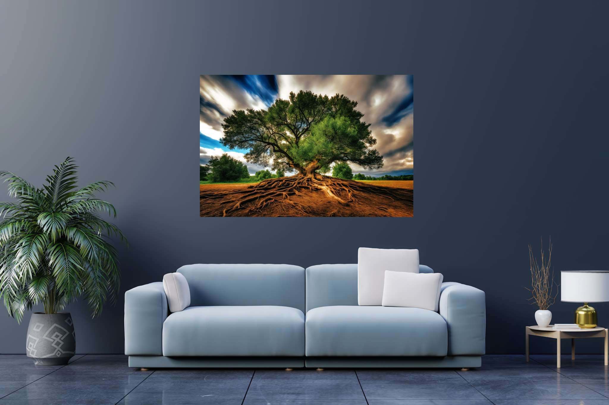 Rooted eternity's embrace: Majestic landscape art with sweeping vistas, in a room with modern style, abstract paintings, and elegant home goods. The art can be printed on poster, framed poster, canvas, metal, acrylic or wood, exclusively at WallArtZen. Find this exact print at https://wallartzen.com/waz85