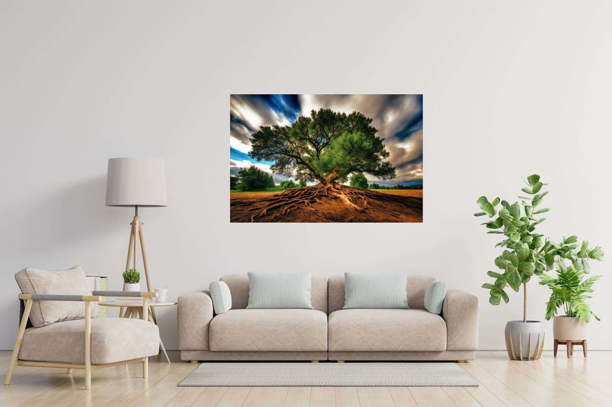 Rooted eternity's embrace: Majestic landscape art with serene seascapes, in a room with minimalist approach, framed art, and trendy home accents. The art can be printed on poster, framed poster, canvas, metal, acrylic or wood, exclusively at WallArtZen. Find this exact print at https://wallartzen.com/waz85