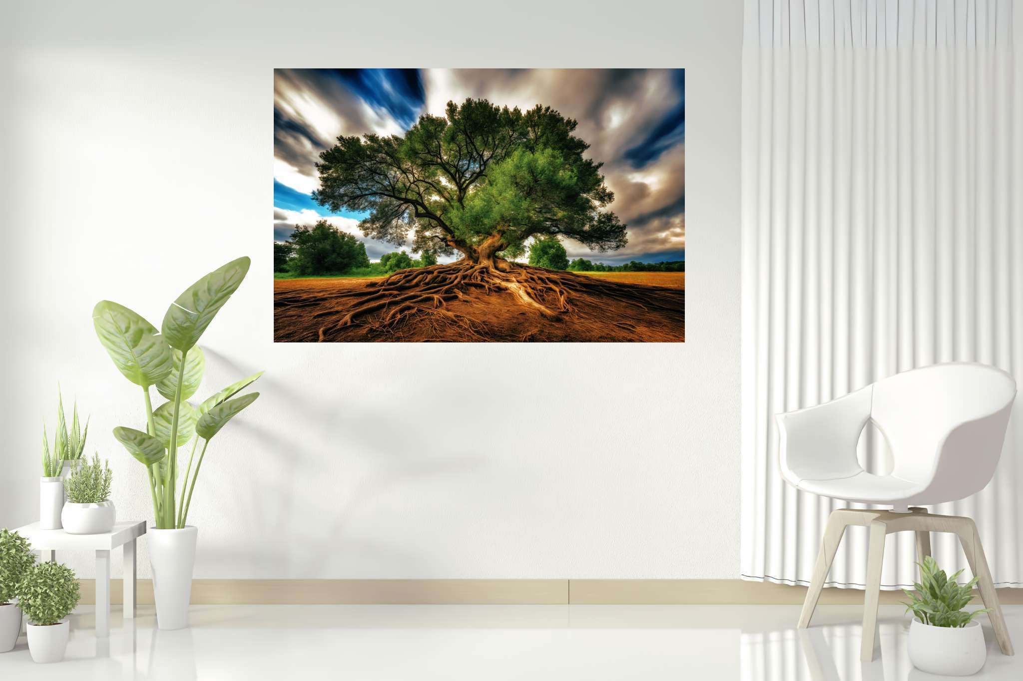 Rooted eternity's embrace: Majestic landscape art with sweeping vistas, in a room with contemporary flair, fine art prints, and elegant home goods. The art can be printed on poster, framed poster, canvas, metal, acrylic or wood, exclusively at WallArtZen. Find this exact print at https://wallartzen.com/waz85