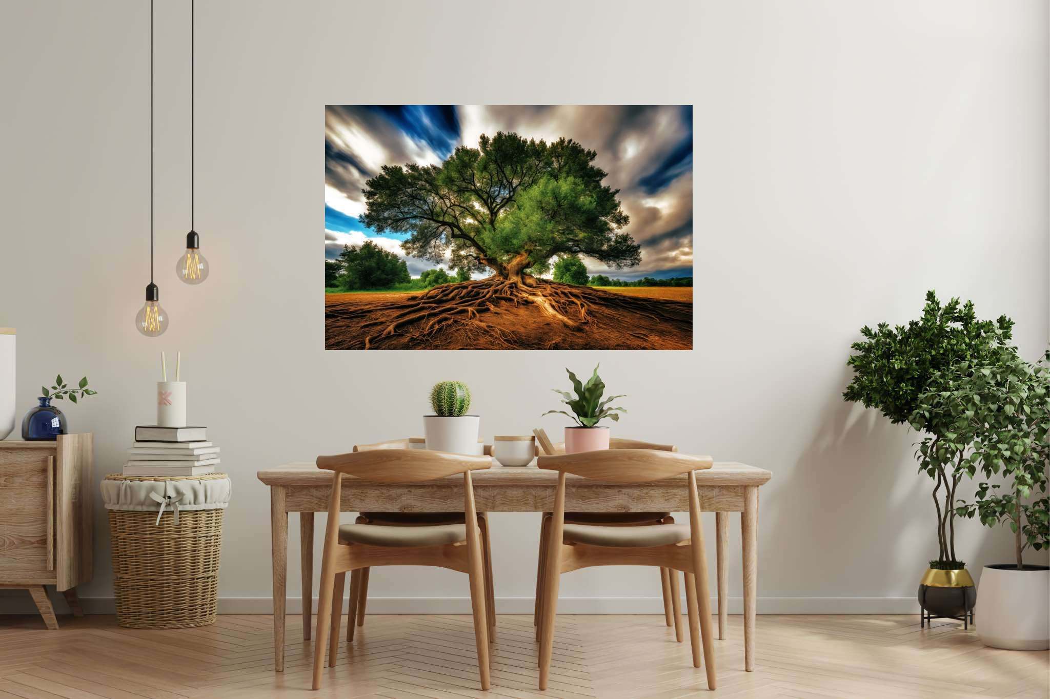 Rooted eternity's embrace: Majestic landscape art with tranquil forests, in a room with urban design, photographic wall art, and interior decorations. The art can be printed on poster, framed poster, canvas, metal, acrylic or wood, exclusively at WallArtZen. Find this exact print at https://wallartzen.com/waz85