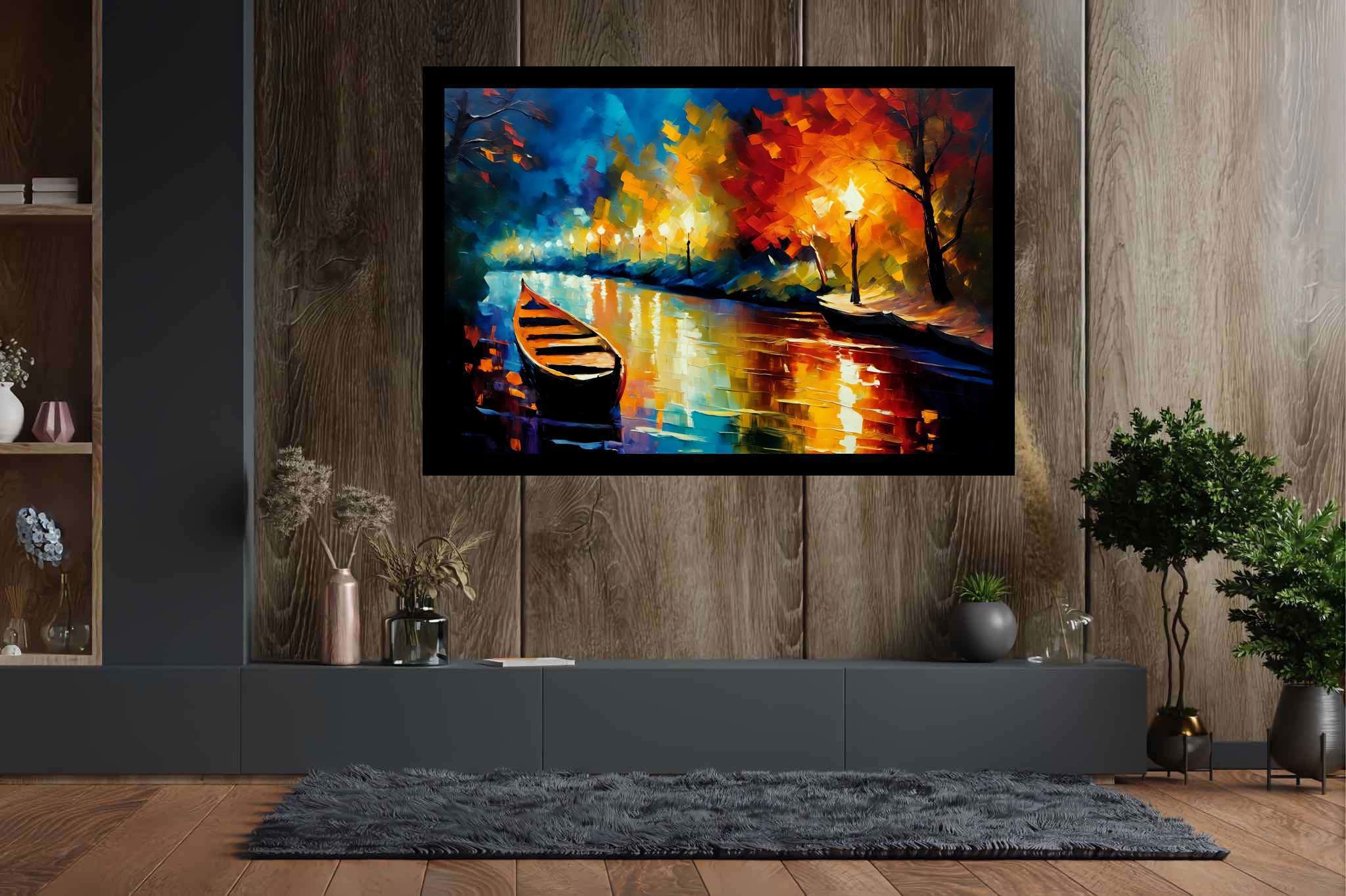 Lunar serenade on sapphire waters: Night boat art with maritime scene, in a room with minimalist approach, abstract paintings, and decorative pieces. The art can be printed on poster, framed poster, canvas, metal, acrylic or wood, exclusively at WallArtZen. Find this exact print at https://wallartzen.com/waz86