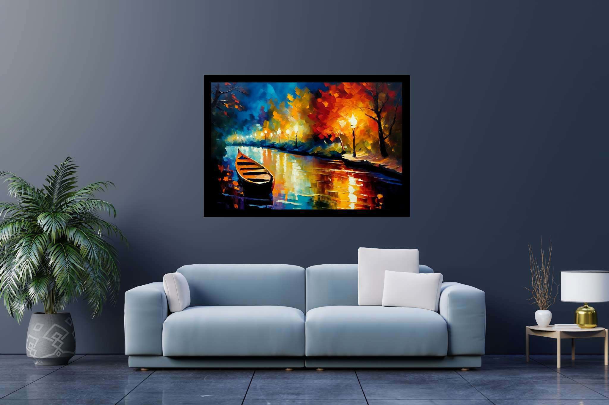 Lunar serenade on sapphire waters: Night boat art with night boat art, in a room with chic decor, canvas prints, and stylish accessories. The art can be printed on poster, framed poster, canvas, metal, acrylic or wood, exclusively at WallArtZen. Find this exact print at https://wallartzen.com/waz86