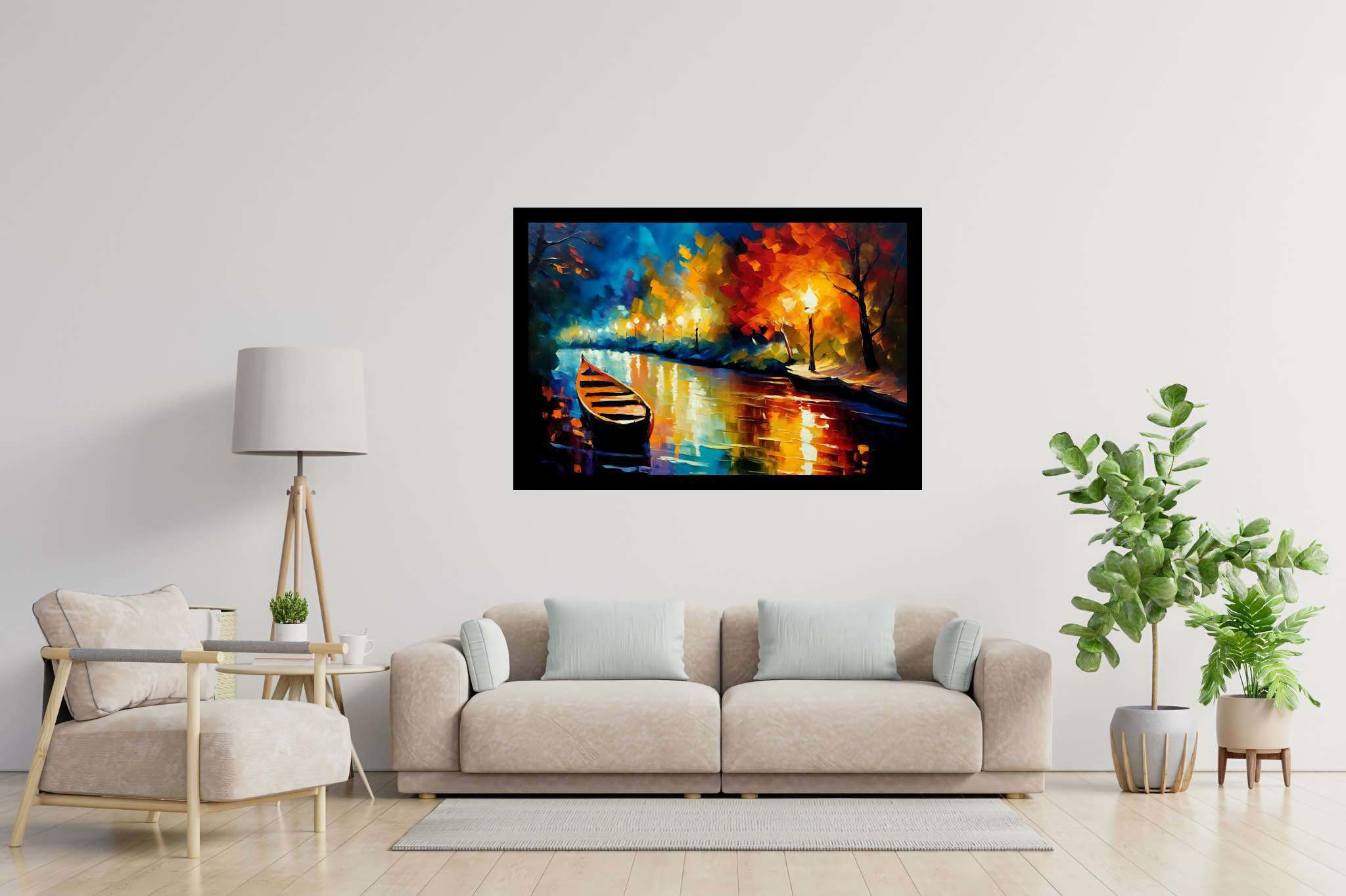 Lunar serenade on sapphire waters: Night boat art with dreamy maritime art, in a room with great design, abstract paintings, and home furnishings. The art can be printed on poster, framed poster, canvas, metal, acrylic or wood, exclusively at WallArtZen. Find this exact print at https://wallartzen.com/waz86