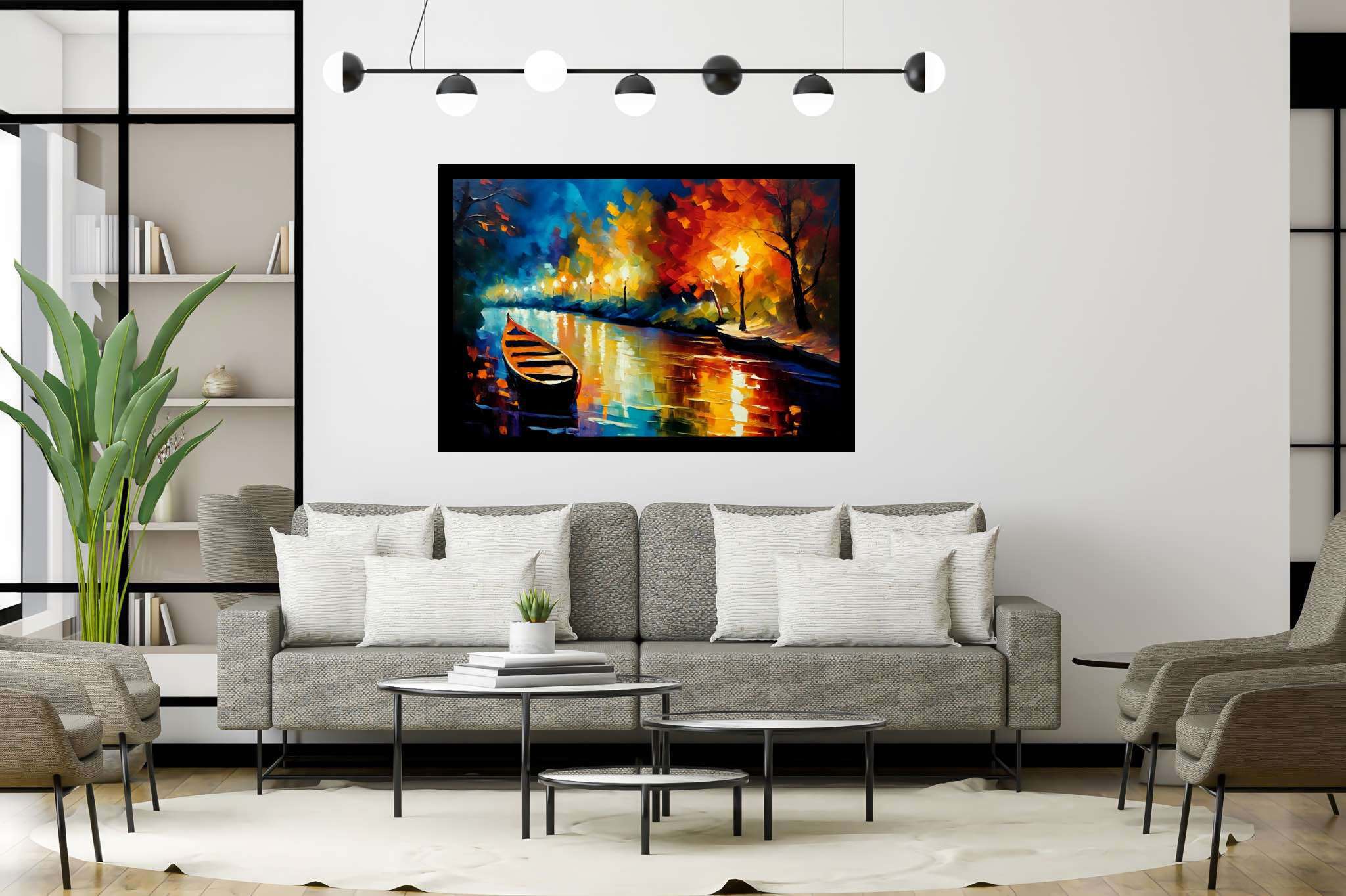 Lunar serenade on sapphire waters: Night boat art with twilight boat painting, in a room with classic elegance, abstract paintings, and home styling items. The art can be printed on poster, framed poster, canvas, metal, acrylic or wood, exclusively at WallArtZen. Find this exact print at https://wallartzen.com/waz86