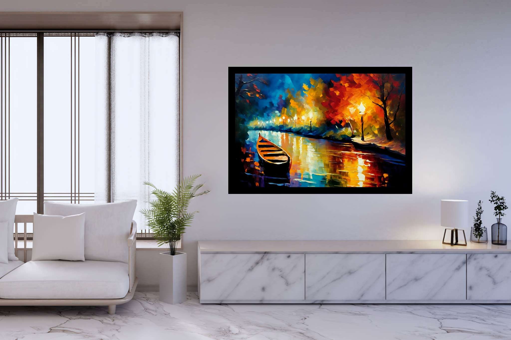 Lunar serenade on sapphire waters: Night boat art with maritime scene, in a room with contemporary flair, mural artworks, and decorative pieces. The art can be printed on poster, framed poster, canvas, metal, acrylic or wood, exclusively at WallArtZen. Find this exact print at https://wallartzen.com/waz86