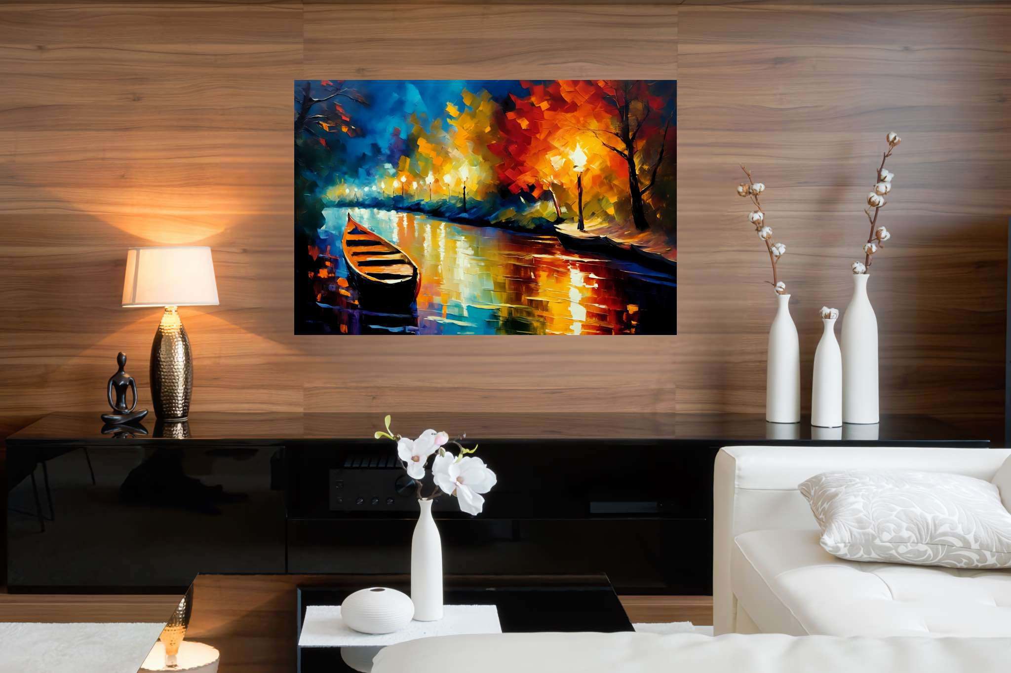 Lunar serenade on sapphire waters: Night boat art with twilight boat painting, in a room with innovative layout, canvas prints, and trendy home accents. The art can be printed on poster, framed poster, canvas, metal, acrylic or wood, exclusively at WallArtZen. Find this exact print at https://wallartzen.com/waz86