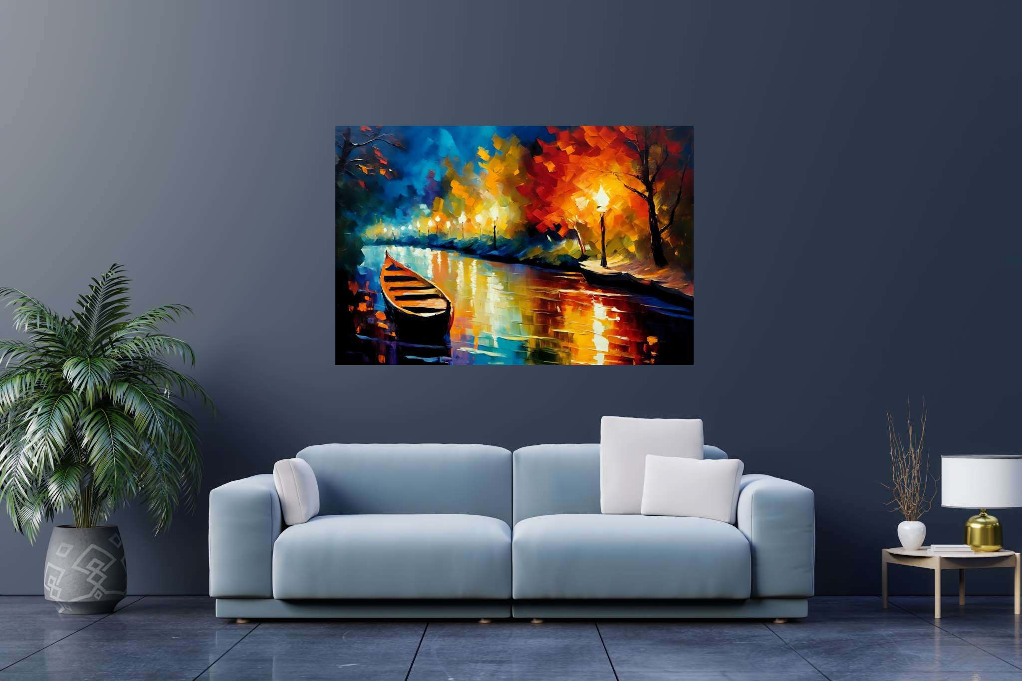 Lunar serenade on sapphire waters: Night boat art with ocean horizon artwork, in a room with great design, canvas prints, and home styling items. The art can be printed on poster, framed poster, canvas, metal, acrylic or wood, exclusively at WallArtZen. Find this exact print at https://wallartzen.com/waz86