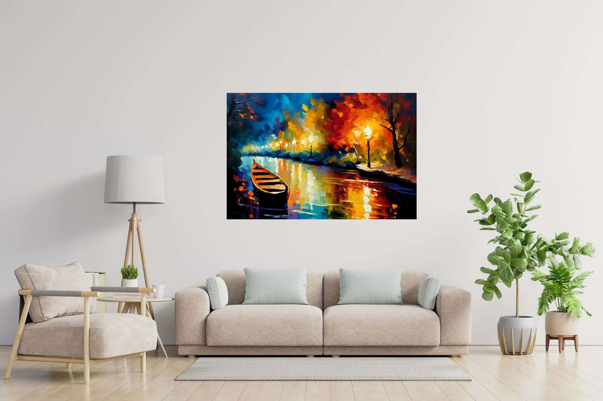 Lunar serenade on sapphire waters: Night boat art with dark sea artwork, in a room with elegant layout, framed art, and decorative pieces. The art can be printed on poster, framed poster, canvas, metal, acrylic or wood, exclusively at WallArtZen. Find this exact print at https://wallartzen.com/waz86