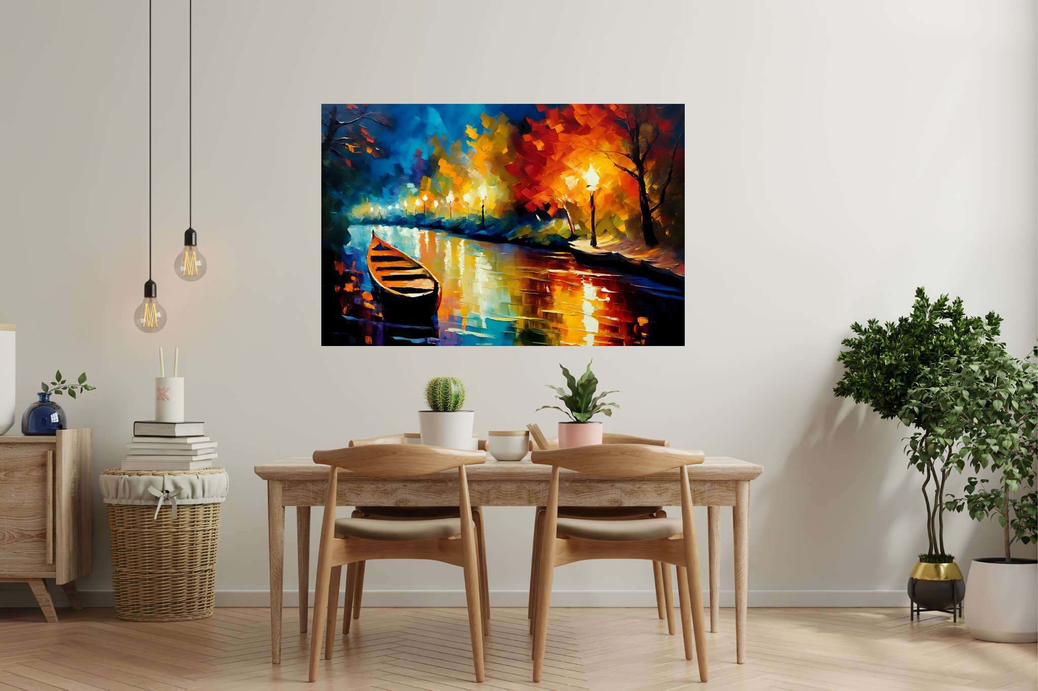 Lunar serenade on sapphire waters: Night boat art with twilight boat painting, in a room with contemporary flair, mural artworks, and stylish accessories. The art can be printed on poster, framed poster, canvas, metal, acrylic or wood, exclusively at WallArtZen. Find this exact print at https://wallartzen.com/waz86