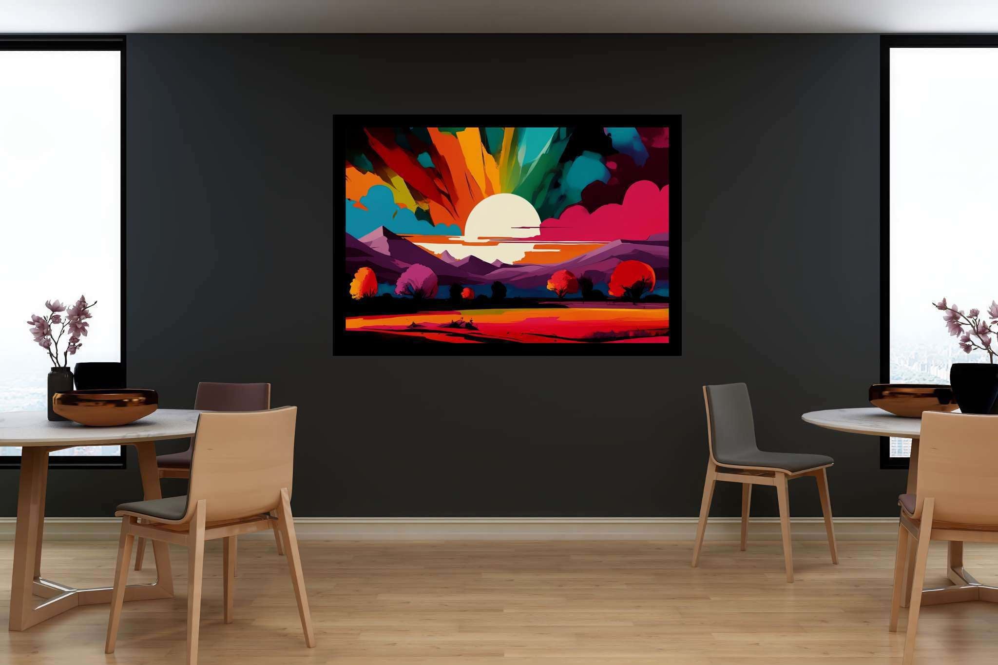 Aurora's embrace: Vibrant sunset art with vibrant sunset wall art, in a room with great design, photographic wall art, and artisan decor. The art can be printed on poster, framed poster, canvas, metal, acrylic or wood, exclusively at WallArtZen. Find this exact print at https://wallartzen.com/waz87