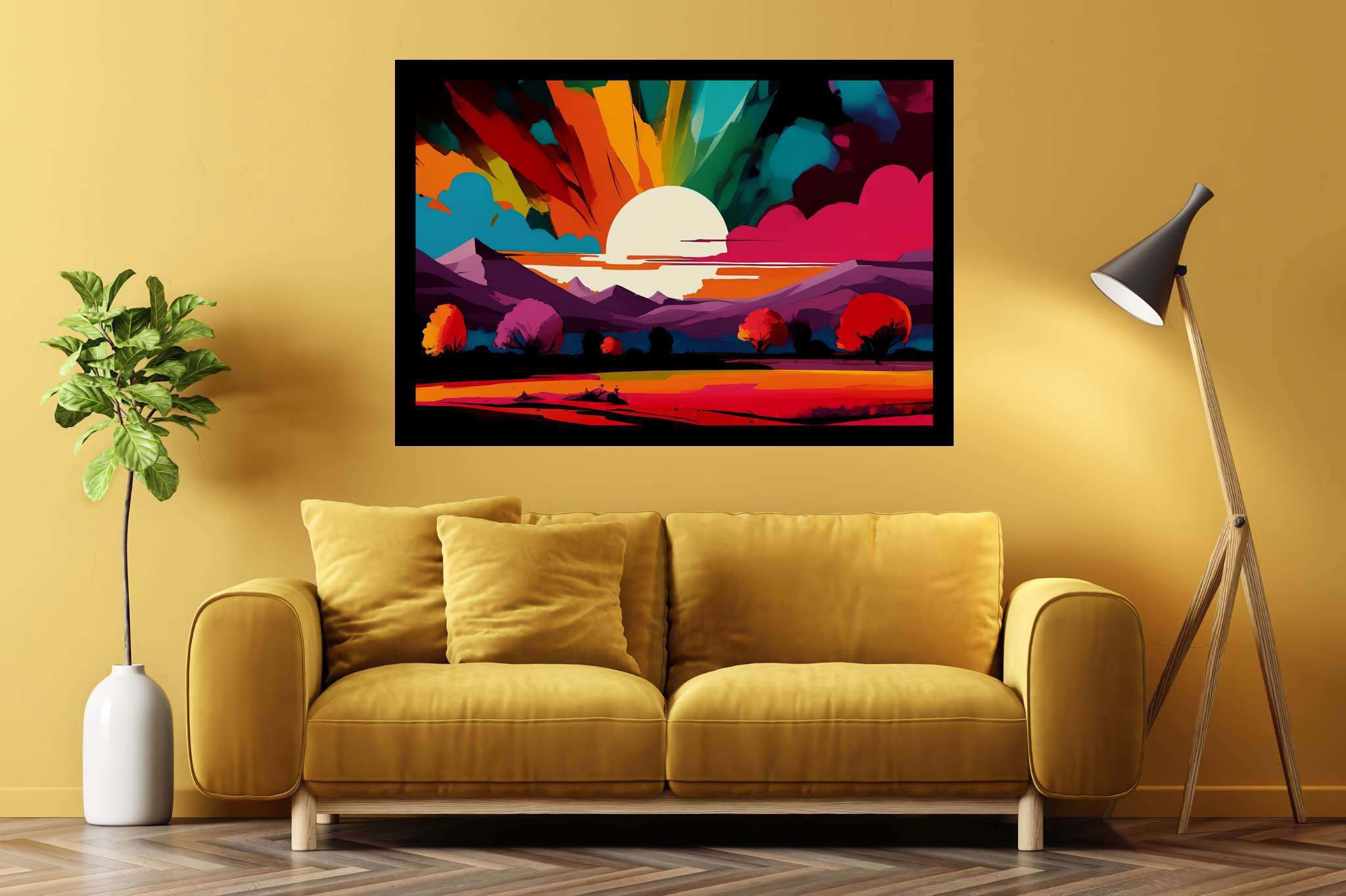 Aurora's embrace: Vibrant sunset art with abstract sunset artwork, in a room with elegant layout, gallery-quality artwork, and designer furniture. The art can be printed on poster, framed poster, canvas, metal, acrylic or wood, exclusively at WallArtZen. Find this exact print at https://wallartzen.com/waz87