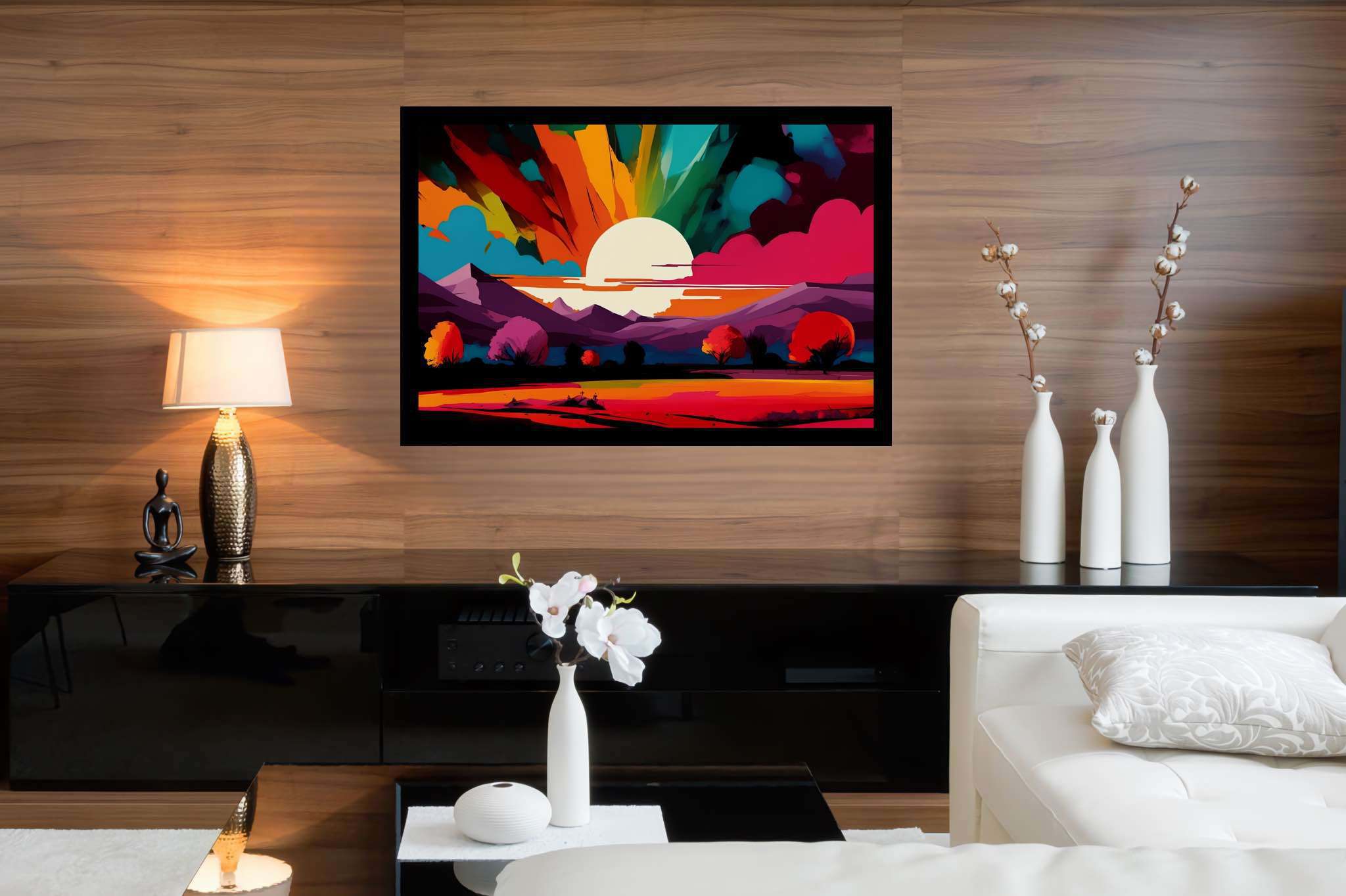 Aurora's embrace: Vibrant sunset art with vibrant sunset photography, in a room with great design, abstract paintings, and designer furniture. The art can be printed on poster, framed poster, canvas, metal, acrylic or wood, exclusively at WallArtZen. Find this exact print at https://wallartzen.com/waz87