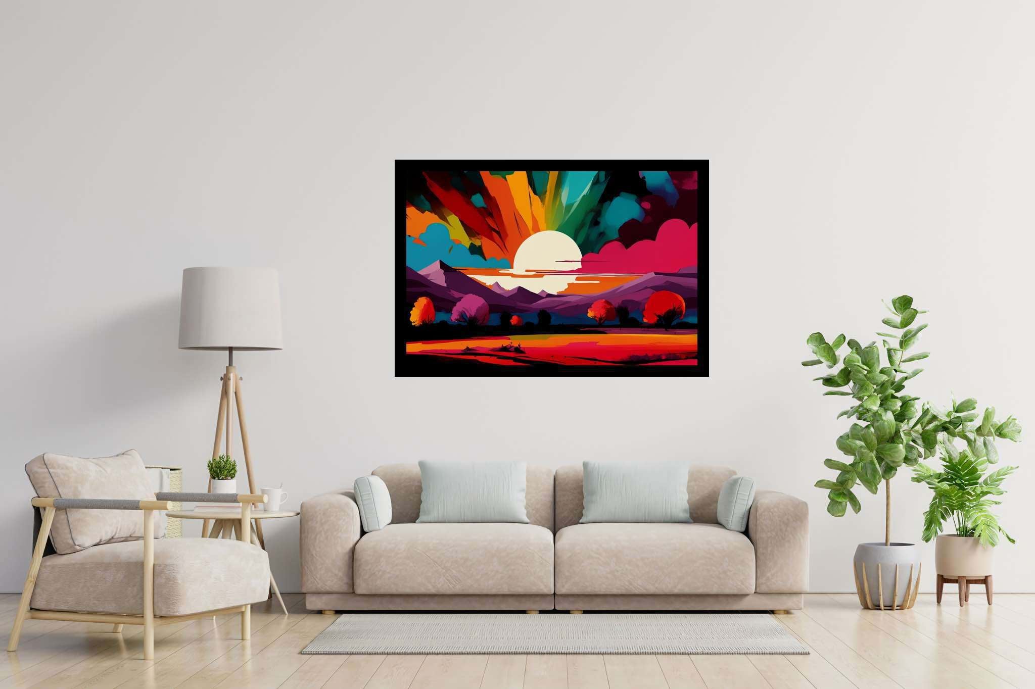 Aurora's embrace: Vibrant sunset art with vibrant nature scenery, in a room with innovative layout, bespoke art designs, and stylish accessories. The art can be printed on poster, framed poster, canvas, metal, acrylic or wood, exclusively at WallArtZen. Find this exact print at https://wallartzen.com/waz87