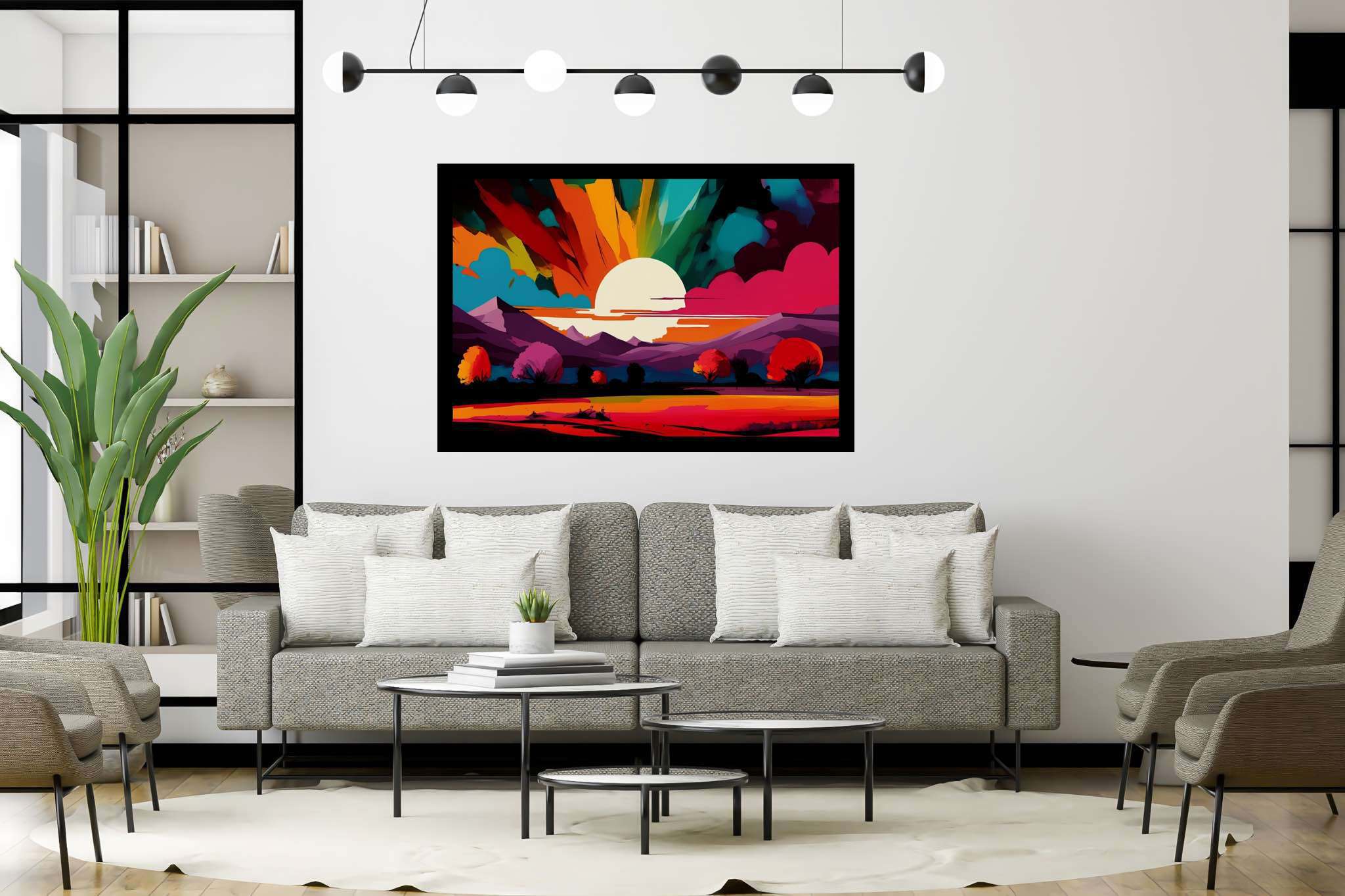 Aurora's embrace: Vibrant sunset art with vibrant sunset art, in a room with artistic style, gallery-quality artwork, and home styling items. The art can be printed on poster, framed poster, canvas, metal, acrylic or wood, exclusively at WallArtZen. Find this exact print at https://wallartzen.com/waz87