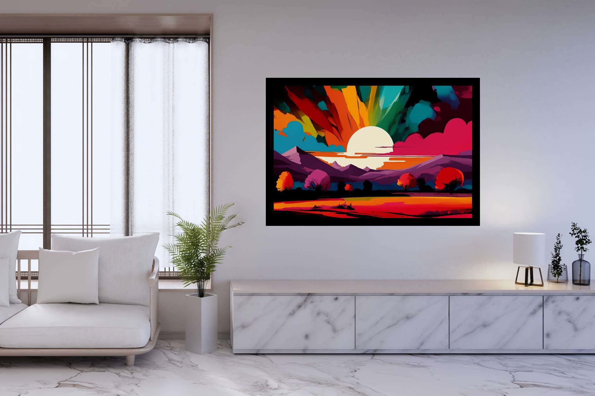 Aurora's embrace: Vibrant sunset art with vibrant sunset canvas, in a room with artistic style, canvas prints, and decorative pieces. The art can be printed on poster, framed poster, canvas, metal, acrylic or wood, exclusively at WallArtZen. Find this exact print at https://wallartzen.com/waz87