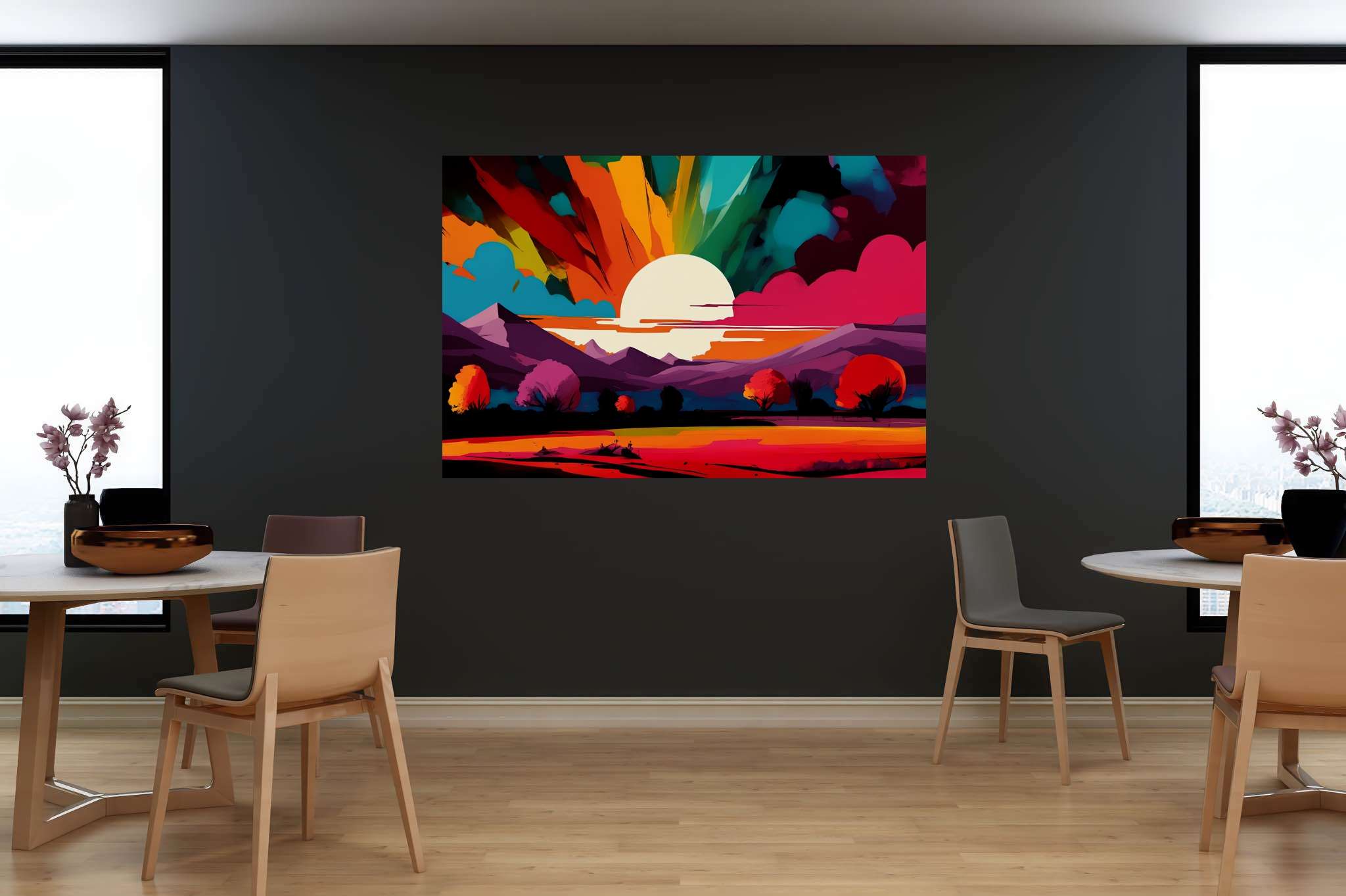 Aurora's embrace: Vibrant sunset art with vibrant sunset canvas, in a room with minimalist approach, fine art prints, and stylish accessories. The art can be printed on poster, framed poster, canvas, metal, acrylic or wood, exclusively at WallArtZen. Find this exact print at https://wallartzen.com/waz87