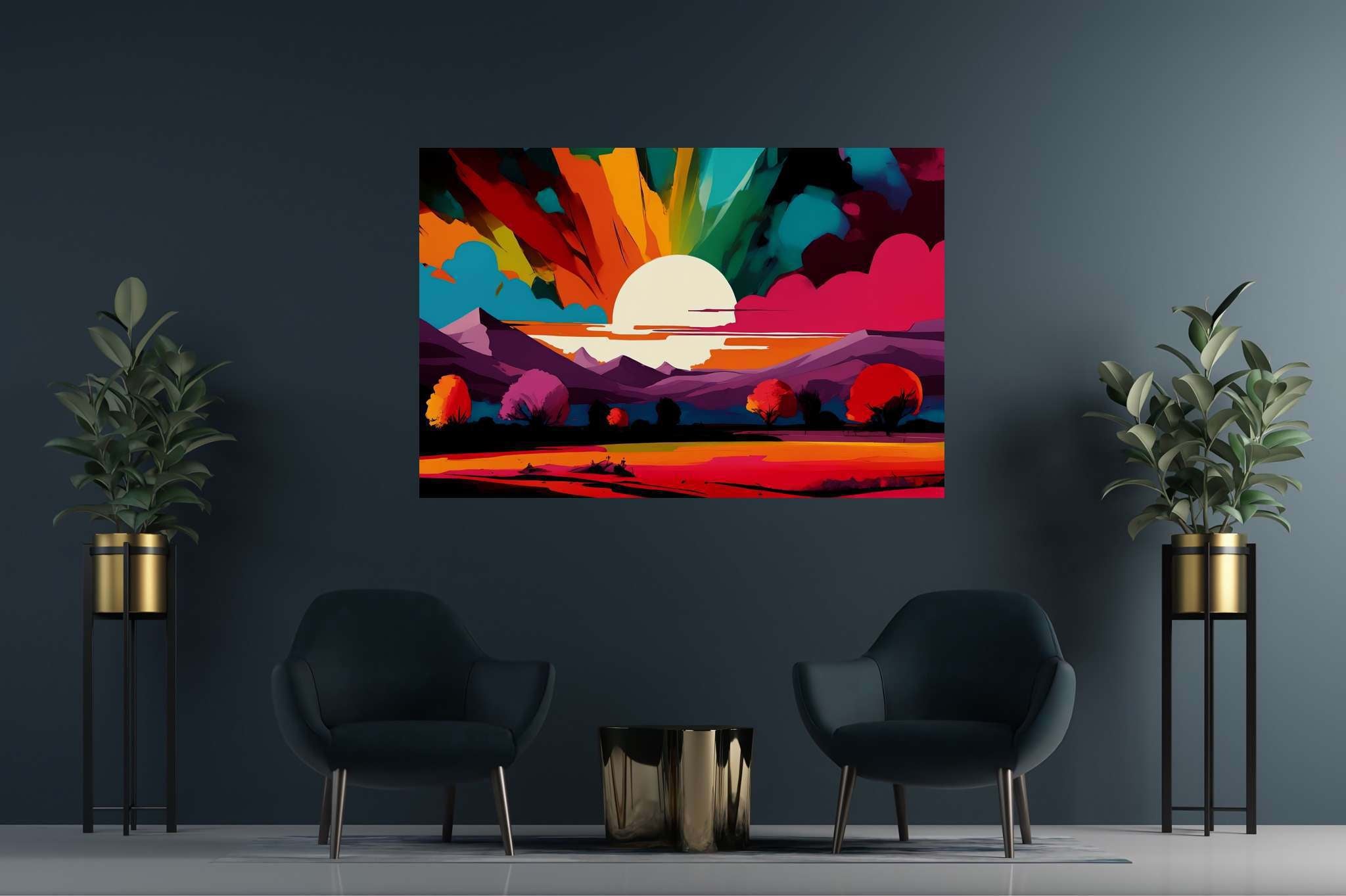 Aurora's embrace: Vibrant sunset art with vibrant sunset wall art, in a room with minimalist approach, abstract paintings, and stylish accessories. The art can be printed on poster, framed poster, canvas, metal, acrylic or wood, exclusively at WallArtZen. Find this exact print at https://wallartzen.com/waz87