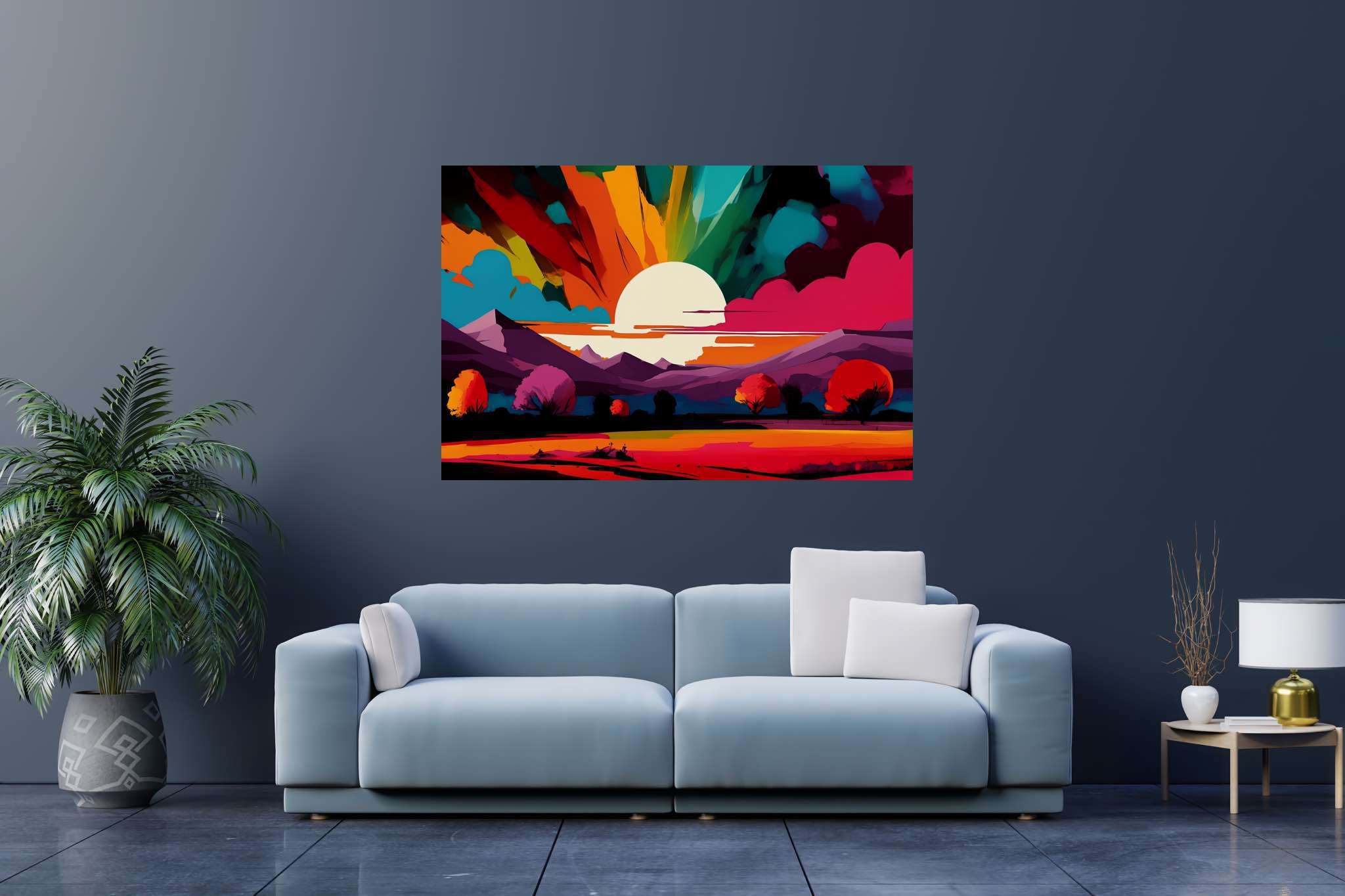 Aurora's embrace: Vibrant sunset art with sunset-inspired artwork, in a room with elegant layout, wall hangings, and luxe decor. The art can be printed on poster, framed poster, canvas, metal, acrylic or wood, exclusively at WallArtZen. Find this exact print at https://wallartzen.com/waz87