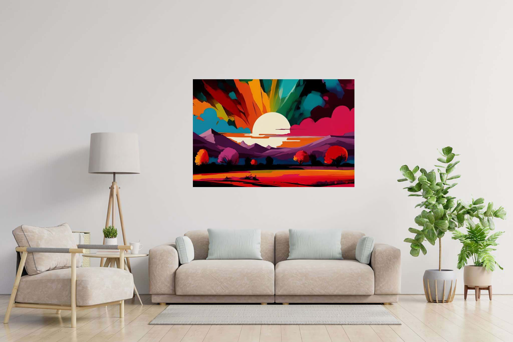Aurora's embrace: Vibrant sunset art with colorful landscape painting, in a room with modern style, wall hangings, and luxe decor. The art can be printed on poster, framed poster, canvas, metal, acrylic or wood, exclusively at WallArtZen. Find this exact print at https://wallartzen.com/waz87