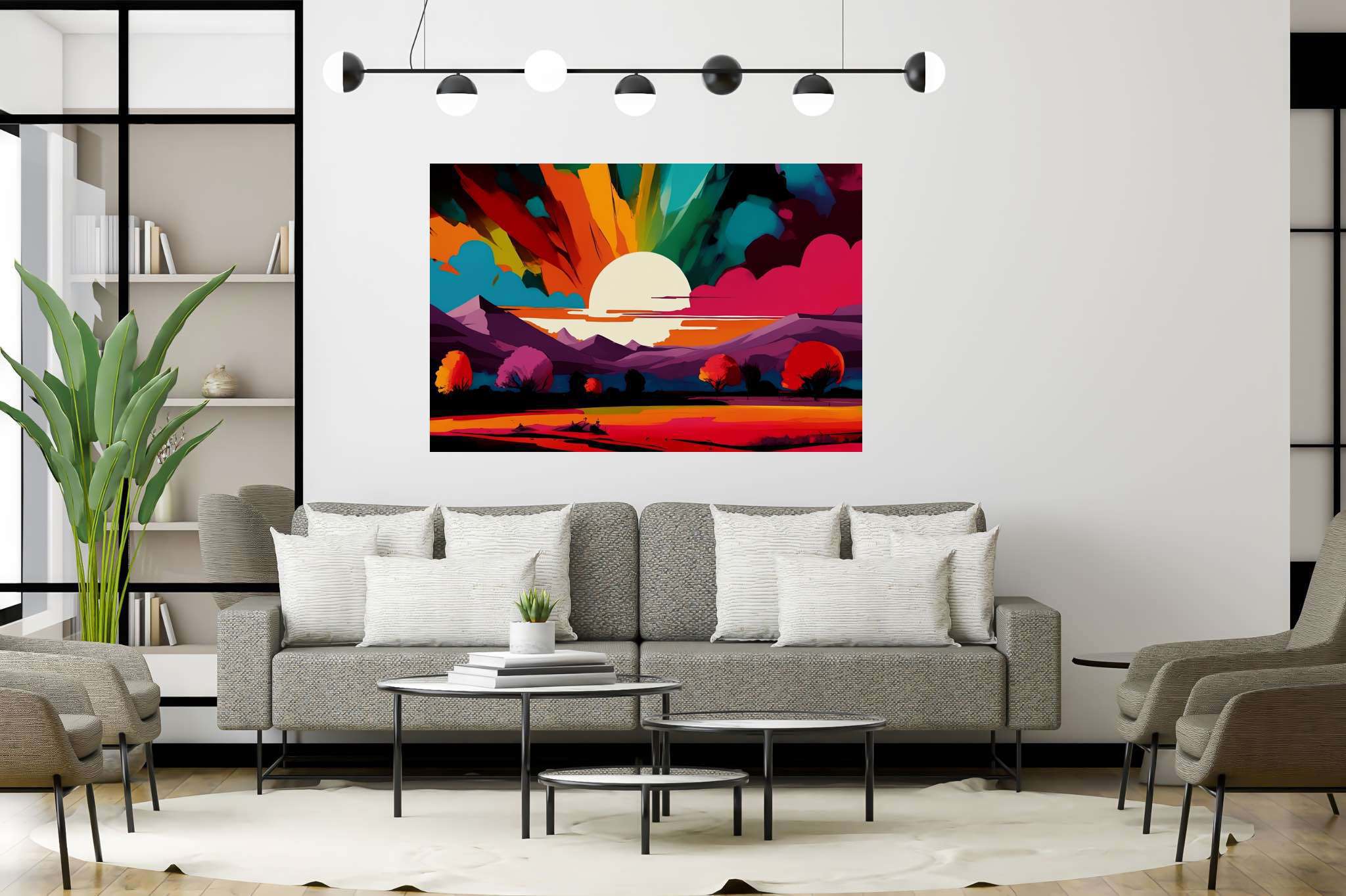 Aurora's embrace: Vibrant sunset art with vibrant sunset home decor, in a room with classic elegance, photographic wall art, and trendy home accents. The art can be printed on poster, framed poster, canvas, metal, acrylic or wood, exclusively at WallArtZen. Find this exact print at https://wallartzen.com/waz87