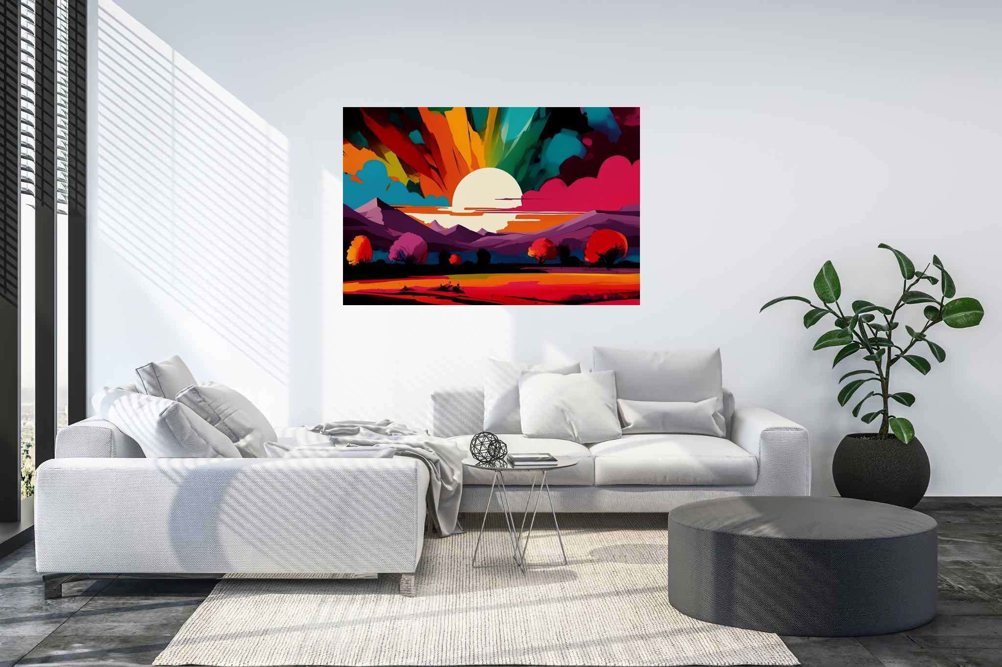 Aurora's embrace: Vibrant sunset art with expressive sunset artwork, in a room with contemporary flair, mural artworks, and home furnishings. The art can be printed on poster, framed poster, canvas, metal, acrylic or wood, exclusively at WallArtZen. Find this exact print at https://wallartzen.com/waz87