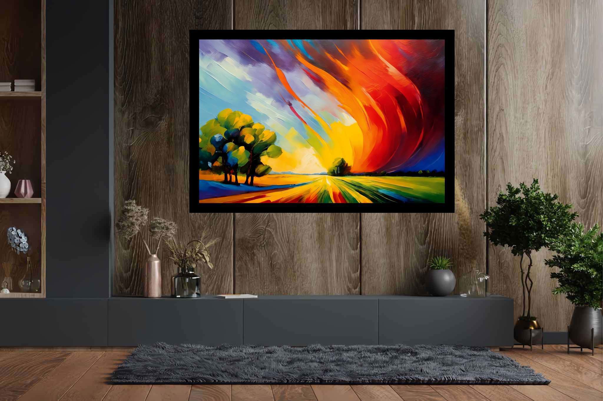Sunset's embrace on whispering pines: Vibrant sunset art with vibrant sunset sky, in a room with artistic style, digital art pieces, and home furnishings. The art can be printed on poster, framed poster, canvas, metal, acrylic or wood, exclusively at WallArtZen. Find this exact print at https://wallartzen.com/waz88