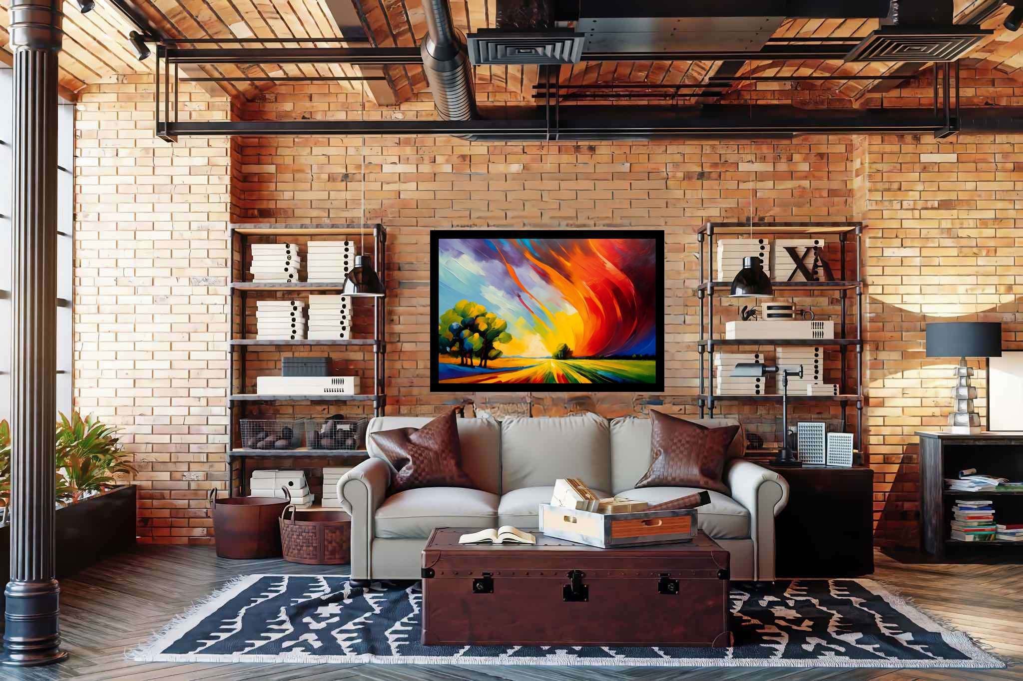 Sunset's embrace on whispering pines: Vibrant sunset art with vibrant sunset photography, in a room with urban design, photographic wall art, and trendy home accents. The art can be printed on poster, framed poster, canvas, metal, acrylic or wood, exclusively at WallArtZen. Find this exact print at https://wallartzen.com/waz88