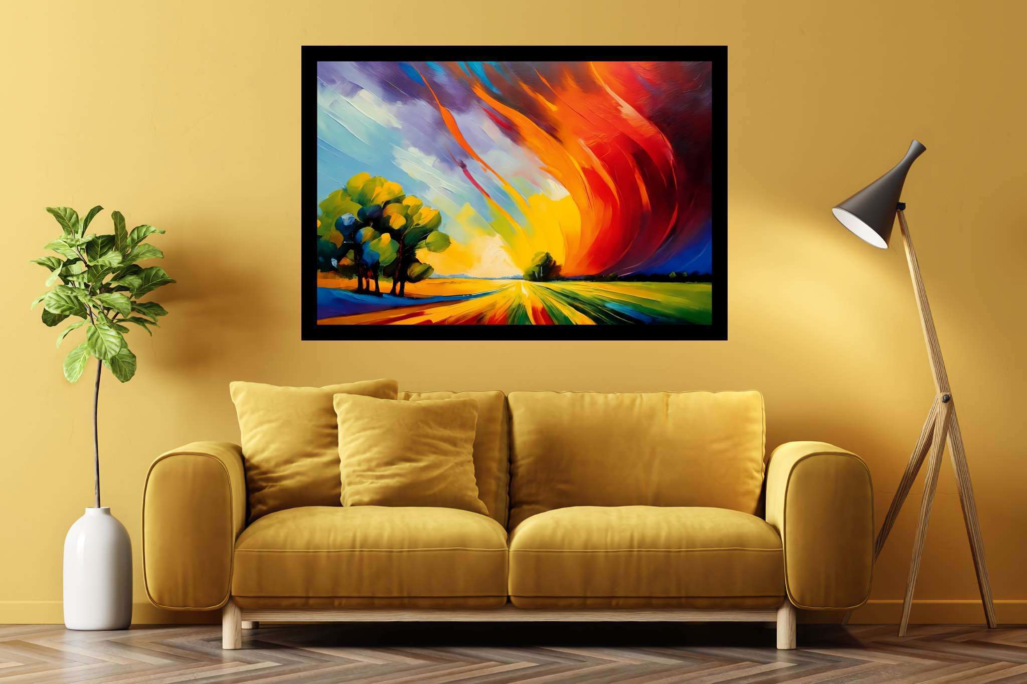 Sunset's embrace on whispering pines: Vibrant sunset art with vibrant sunset art, in a room with great design, wall hangings, and stylish accessories. The art can be printed on poster, framed poster, canvas, metal, acrylic or wood, exclusively at WallArtZen. Find this exact print at https://wallartzen.com/waz88