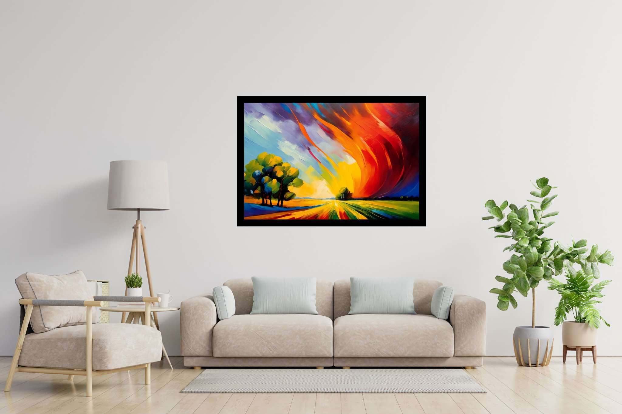 Sunset's embrace on whispering pines: Vibrant sunset art with fiery sunset illustration, in a room with elegant layout, canvas prints, and home styling items. The art can be printed on poster, framed poster, canvas, metal, acrylic or wood, exclusively at WallArtZen. Find this exact print at https://wallartzen.com/waz88
