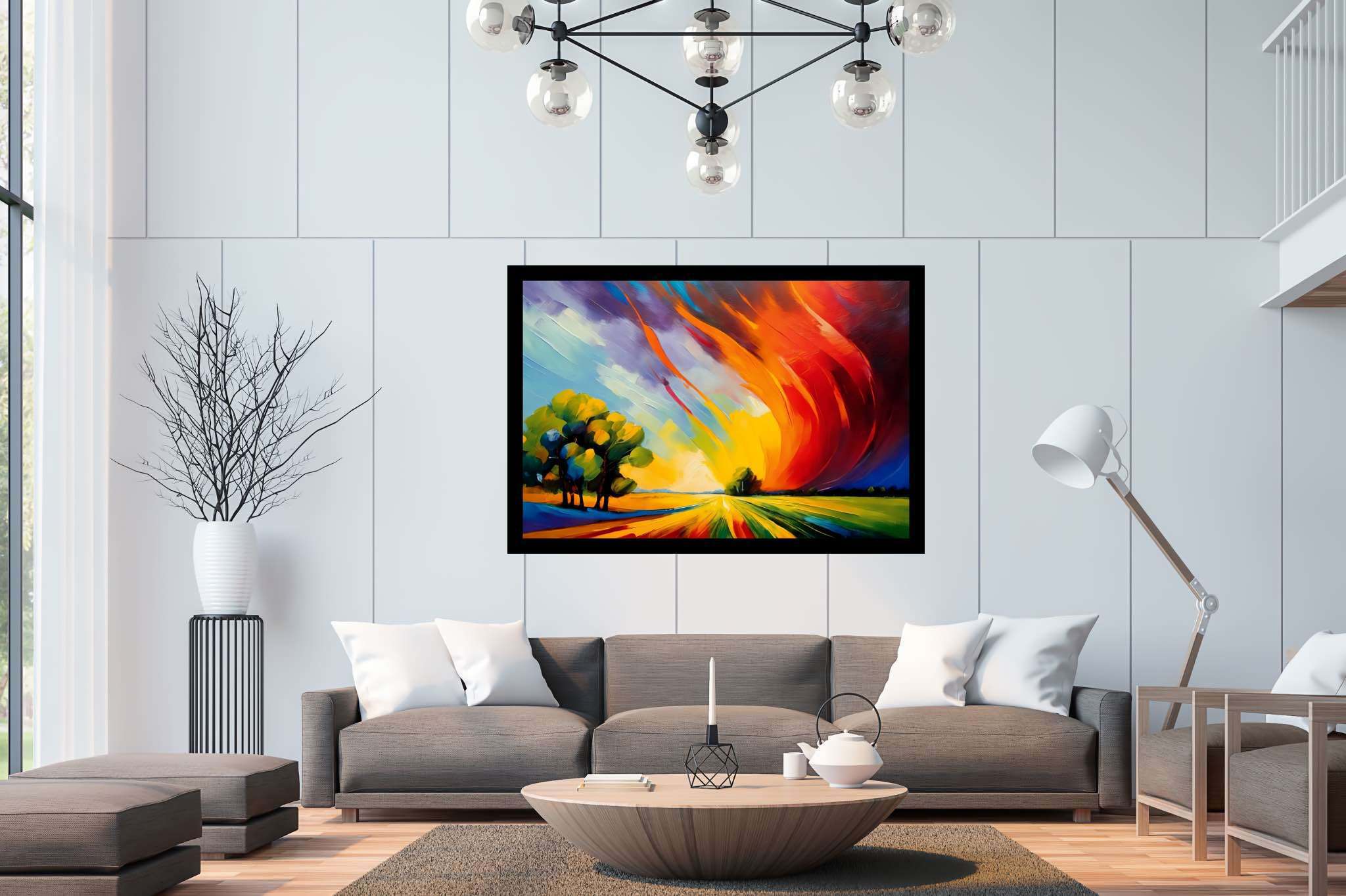 Sunset's embrace on whispering pines: Vibrant sunset art with mesmerizing sunset masterpiece, in a room with contemporary flair, photographic wall art, and designer furniture. The art can be printed on poster, framed poster, canvas, metal, acrylic or wood, exclusively at WallArtZen. Find this exact print at https://wallartzen.com/waz88