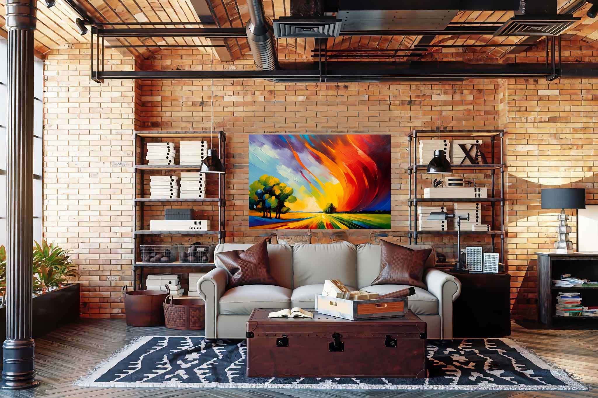 Sunset's embrace on whispering pines: Vibrant sunset art with vibrant sunset scenery, in a room with innovative layout, canvas prints, and artisan decor. The art can be printed on poster, framed poster, canvas, metal, acrylic or wood, exclusively at WallArtZen. Find this exact print at https://wallartzen.com/waz88