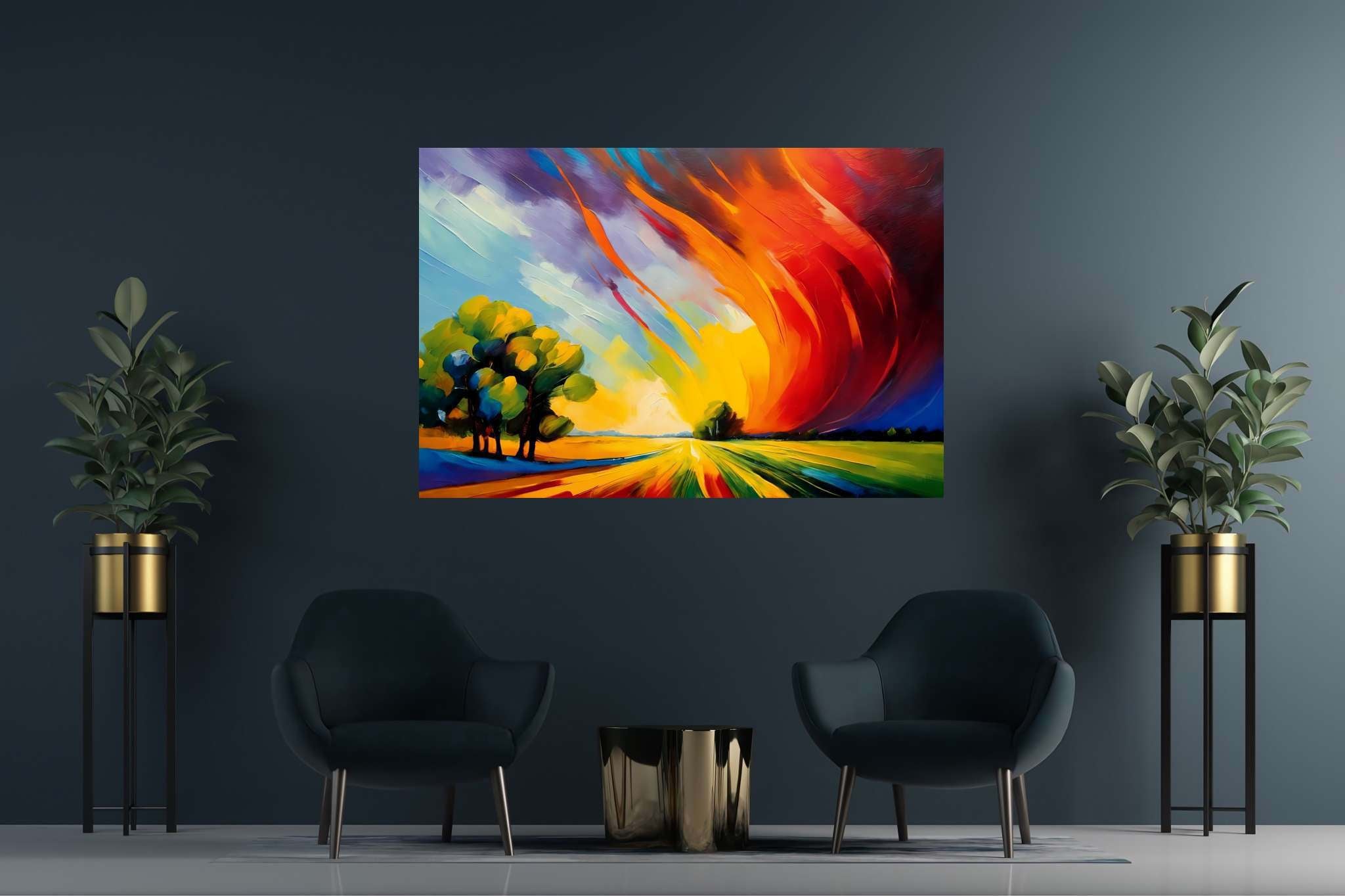 Sunset's embrace on whispering pines: Vibrant sunset art with radiant sunset landscape, in a room with contemporary flair, photographic wall art, and designer furniture. The art can be printed on poster, framed poster, canvas, metal, acrylic or wood, exclusively at WallArtZen. Find this exact print at https://wallartzen.com/waz88