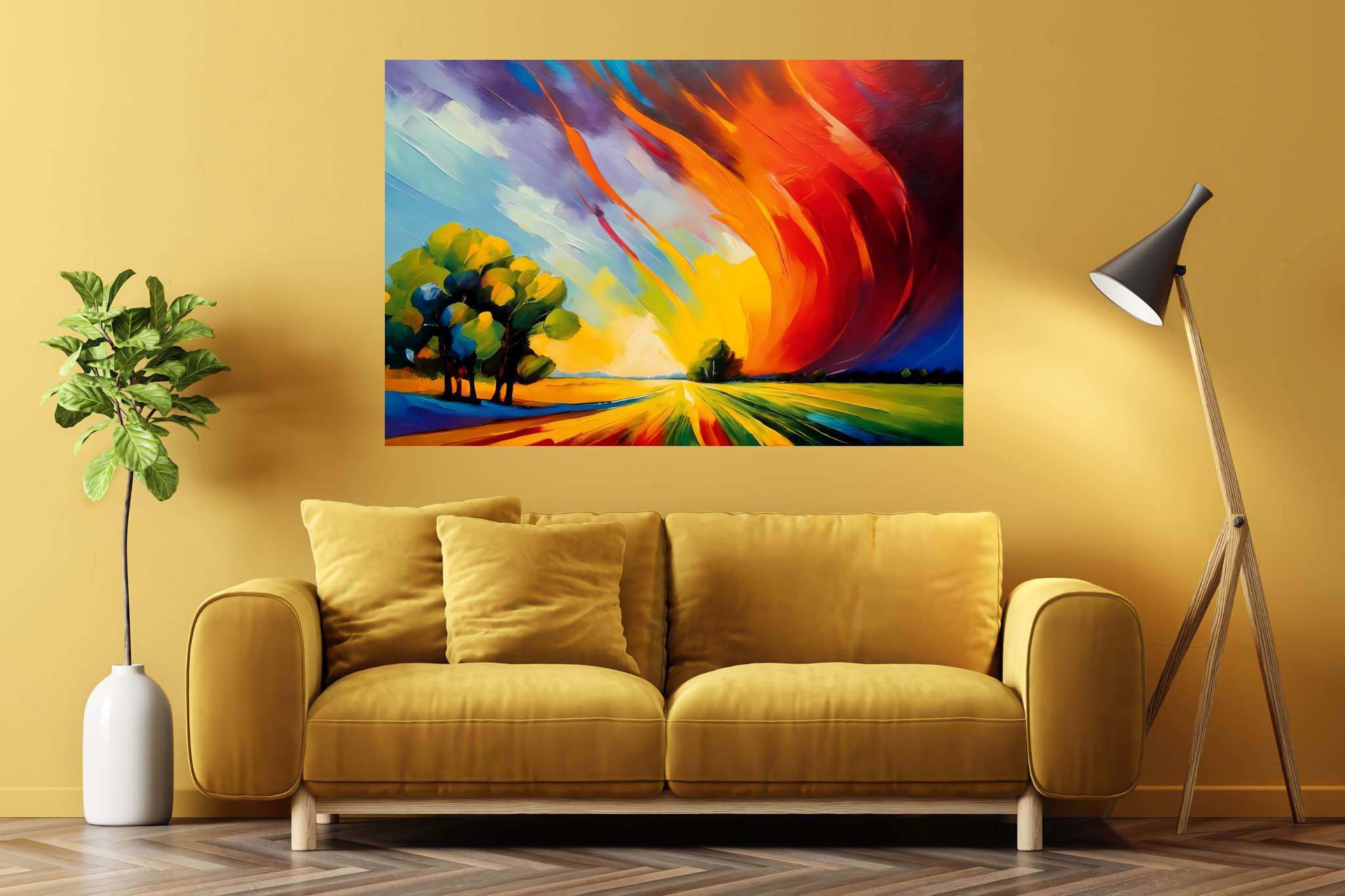 Sunset's embrace on whispering pines: Vibrant sunset art with vibrant sunset sky, in a room with classic elegance, mural artworks, and luxe decor. The art can be printed on poster, framed poster, canvas, metal, acrylic or wood, exclusively at WallArtZen. Find this exact print at https://wallartzen.com/waz88