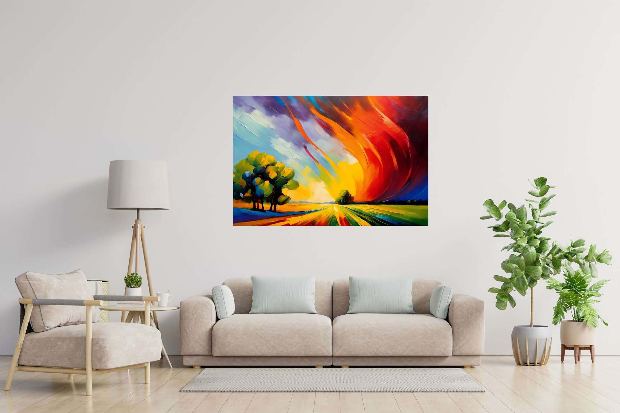 Sunset's embrace on whispering pines: Vibrant sunset art with colorful sunset artwork, in a room with minimalist approach, bespoke art designs, and trendy home accents. The art can be printed on poster, framed poster, canvas, metal, acrylic or wood, exclusively at WallArtZen. Find this exact print at https://wallartzen.com/waz88