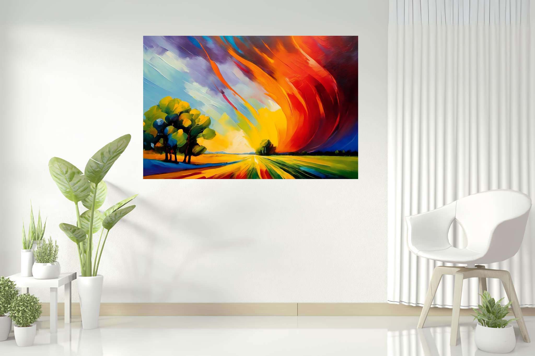 Sunset's embrace on whispering pines: Vibrant sunset art with mesmerizing sunset masterpiece, in a room with chic decor, wall hangings, and trendy home accents. The art can be printed on poster, framed poster, canvas, metal, acrylic or wood, exclusively at WallArtZen. Find this exact print at https://wallartzen.com/waz88