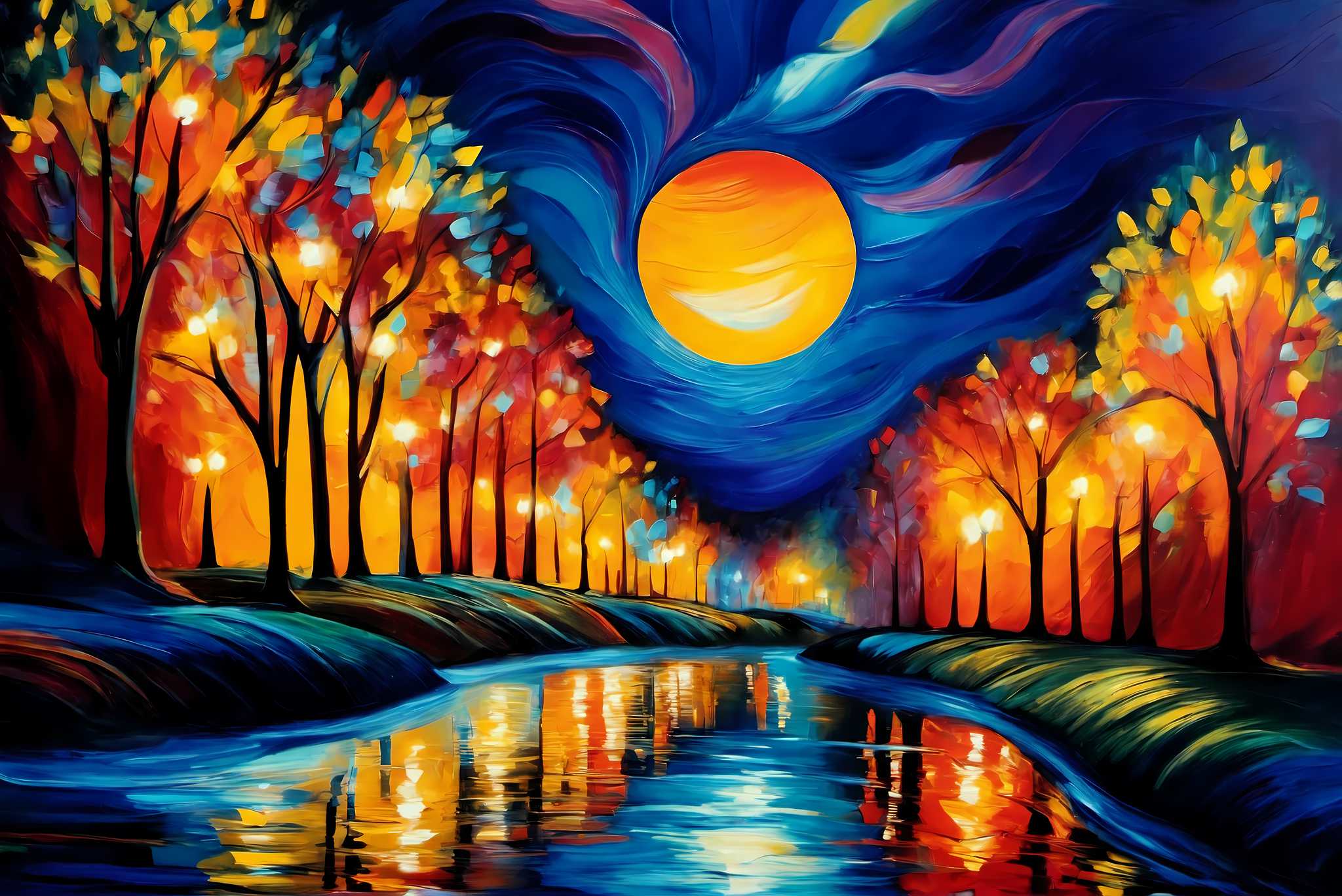 Autumn reverie reflections: Autumn forest art with serene nature scenes, in a room with chic decor, mural artworks, and designer furniture. The art can be printed on poster, framed poster, canvas, metal, acrylic or wood, exclusively at WallArtZen. Find this exact print at https://wallartzen.com/waz8