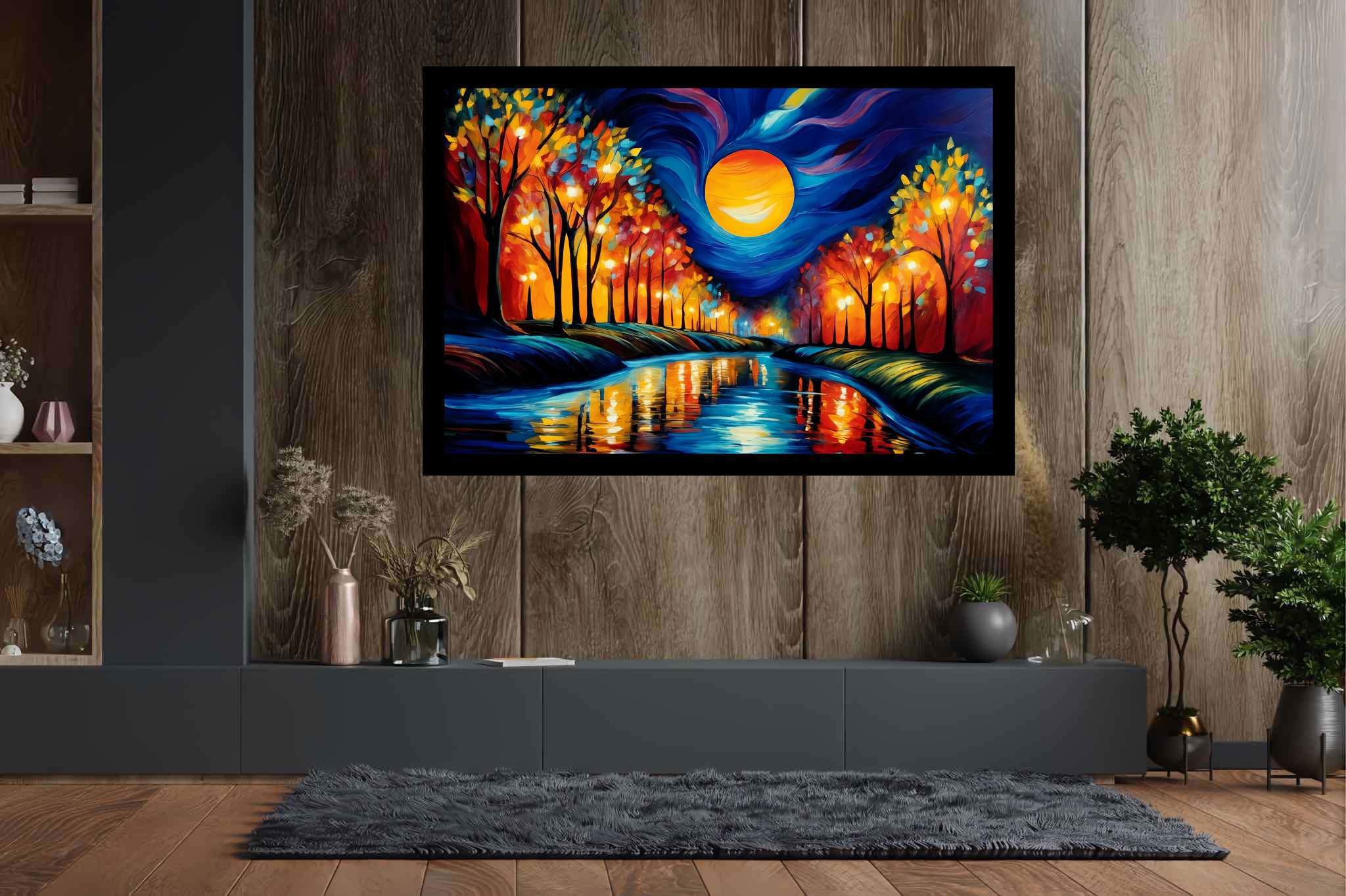 Autumn reverie reflections: Autumn forest art with autumn forest art, in a room with elegant layout, canvas prints, and interior decorations. The art can be printed on poster, framed poster, canvas, metal, acrylic or wood, exclusively at WallArtZen. Find this exact print at https://wallartzen.com/waz8