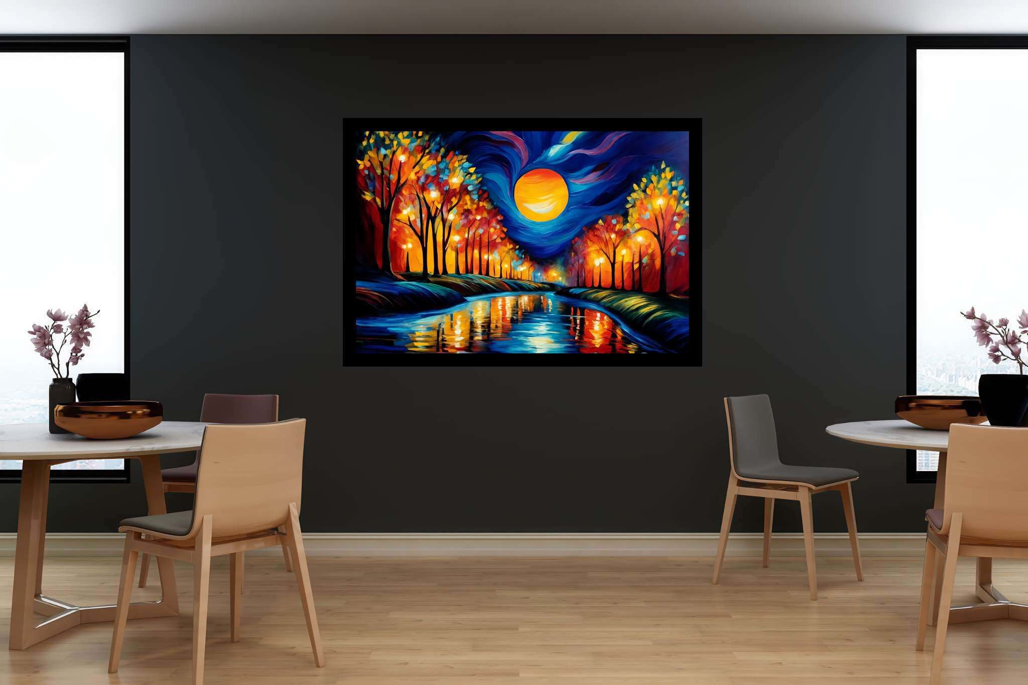 Autumn reverie reflections: Autumn forest art with serene nature scenes, in a room with modern style, canvas prints, and home styling items. The art can be printed on poster, framed poster, canvas, metal, acrylic or wood, exclusively at WallArtZen. Find this exact print at https://wallartzen.com/waz8