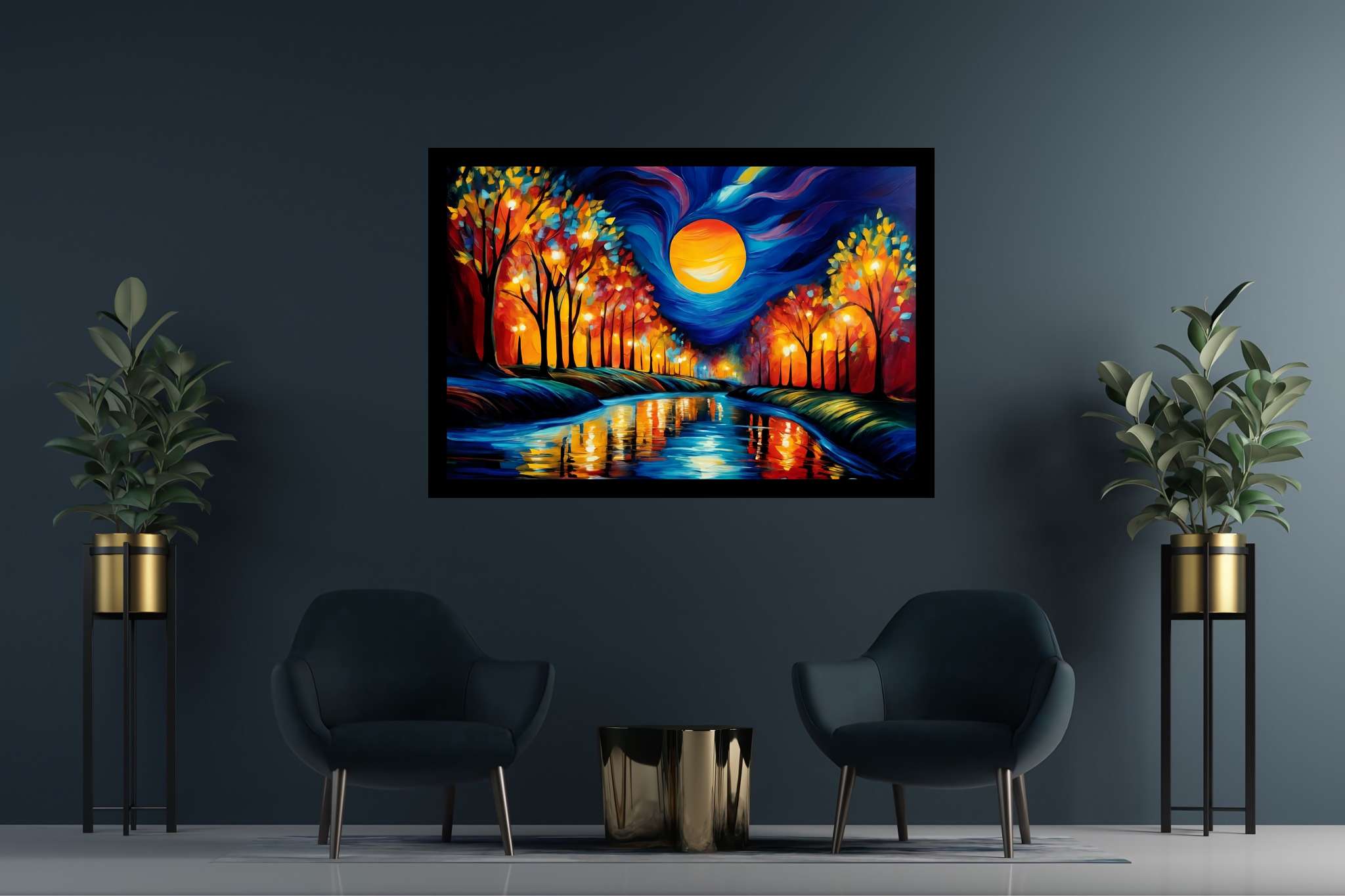 Autumn reverie reflections: Autumn forest art with serene nature scenes, in a room with minimalist approach, photographic wall art, and home furnishings. The art can be printed on poster, framed poster, canvas, metal, acrylic or wood, exclusively at WallArtZen. Find this exact print at https://wallartzen.com/waz8